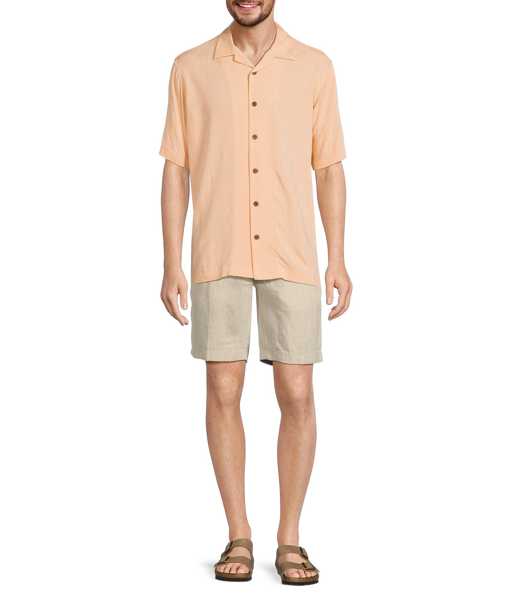 Caribbean Palm Trees Jacquard Short Sleeve Woven Camp Shirt