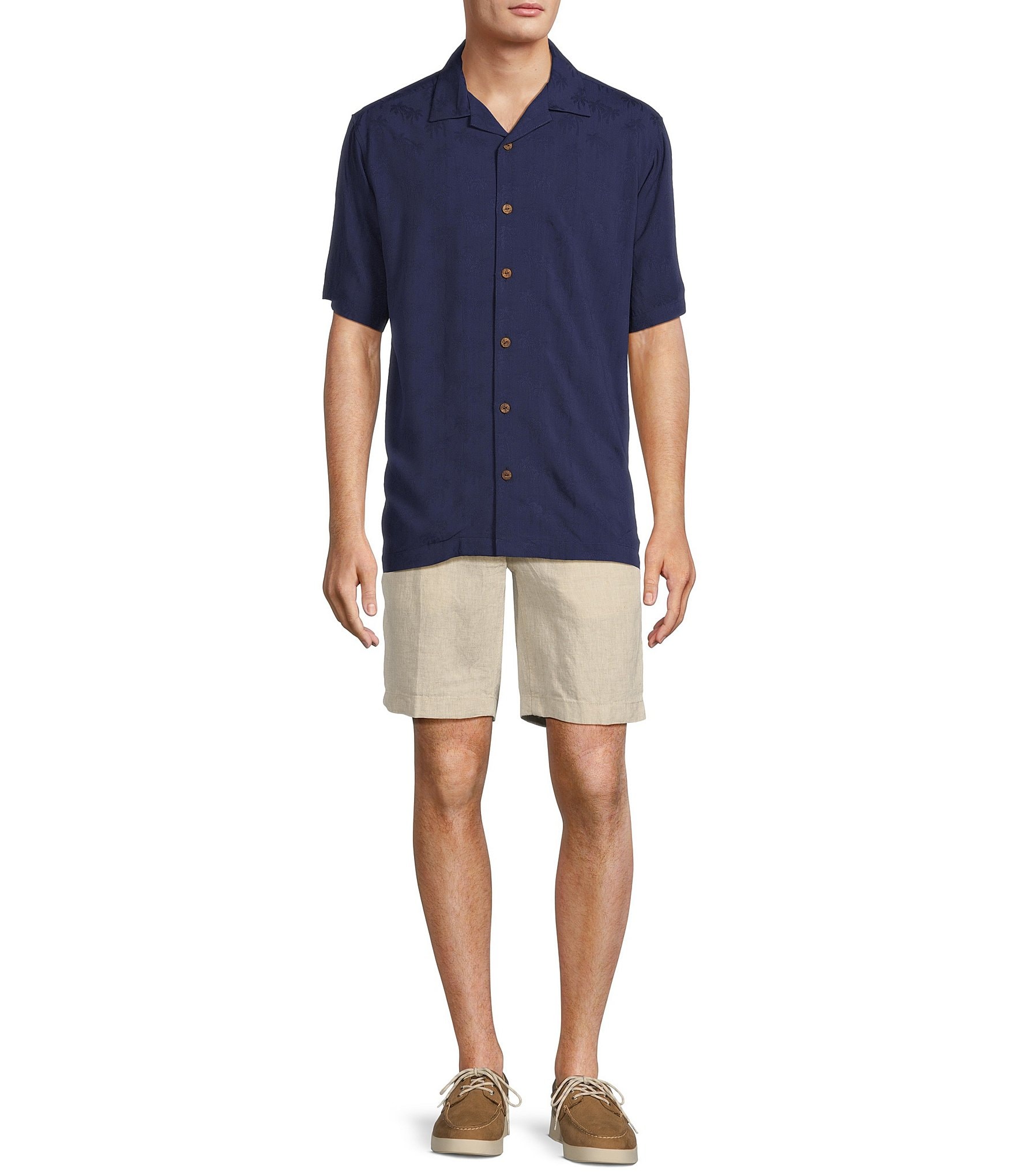 Caribbean Palm Trees Jacquard Short Sleeve Woven Camp Shirt