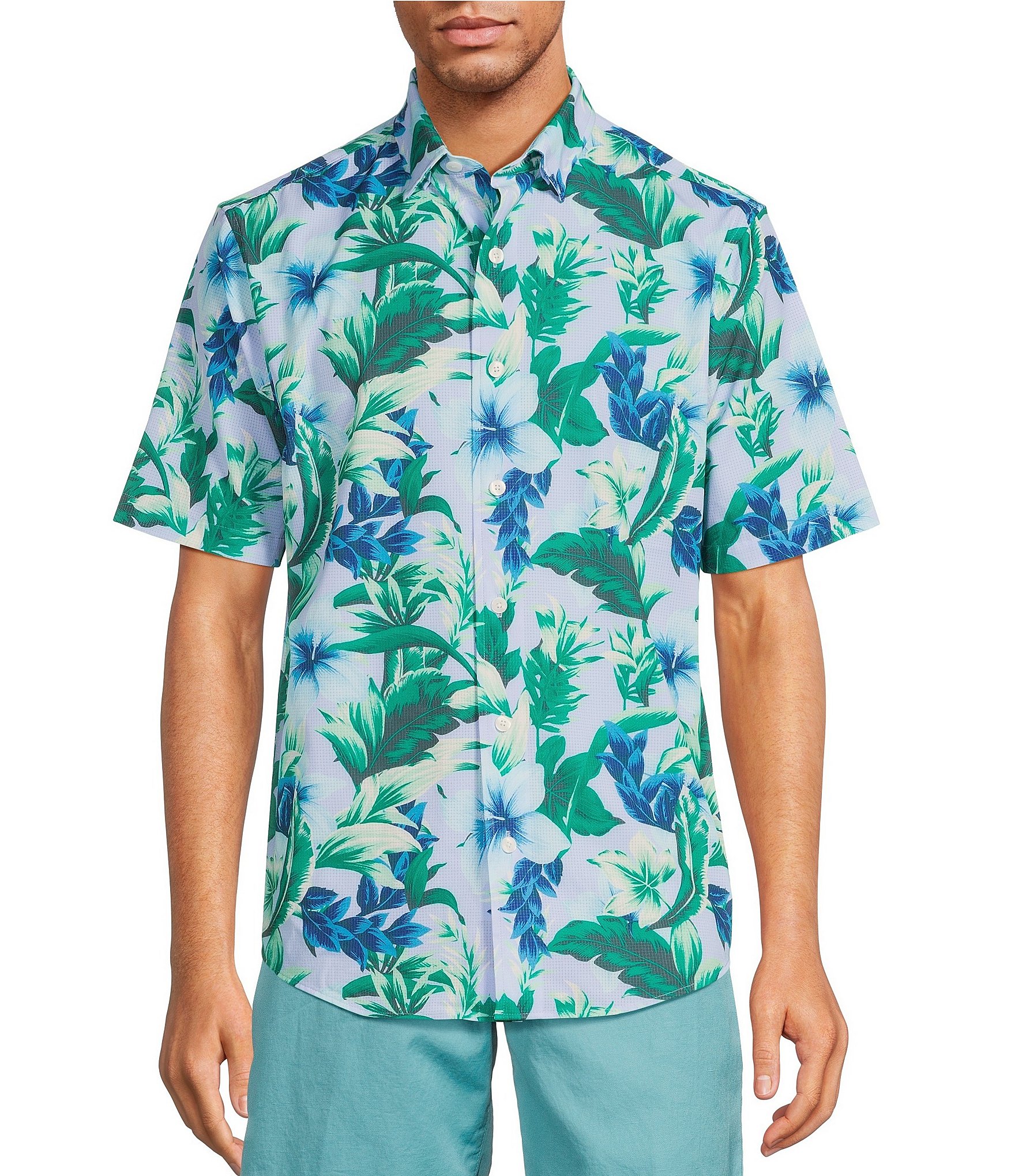 Caribbean Pastel Tropical Hibiscus Printed Short Sleeve Performance ...