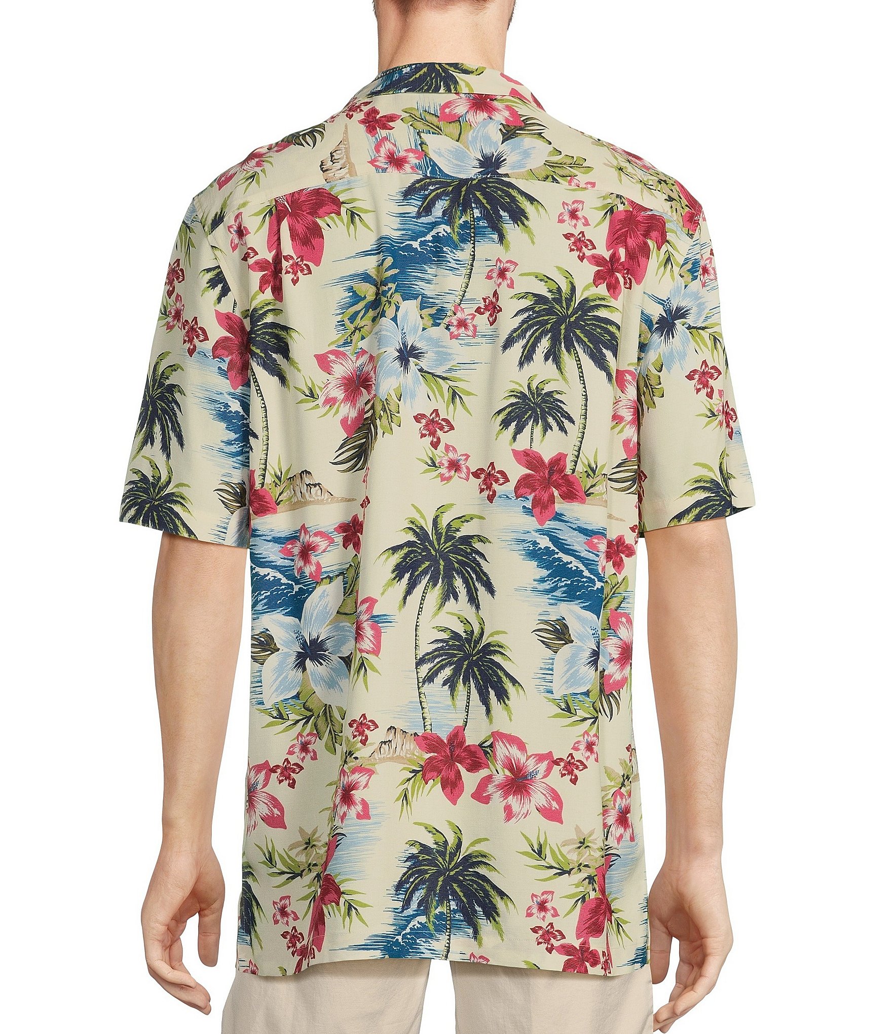 Caribbean Poly Modal Floral Tropical Paradise Beach Printed Short Sleeve Woven Shirt