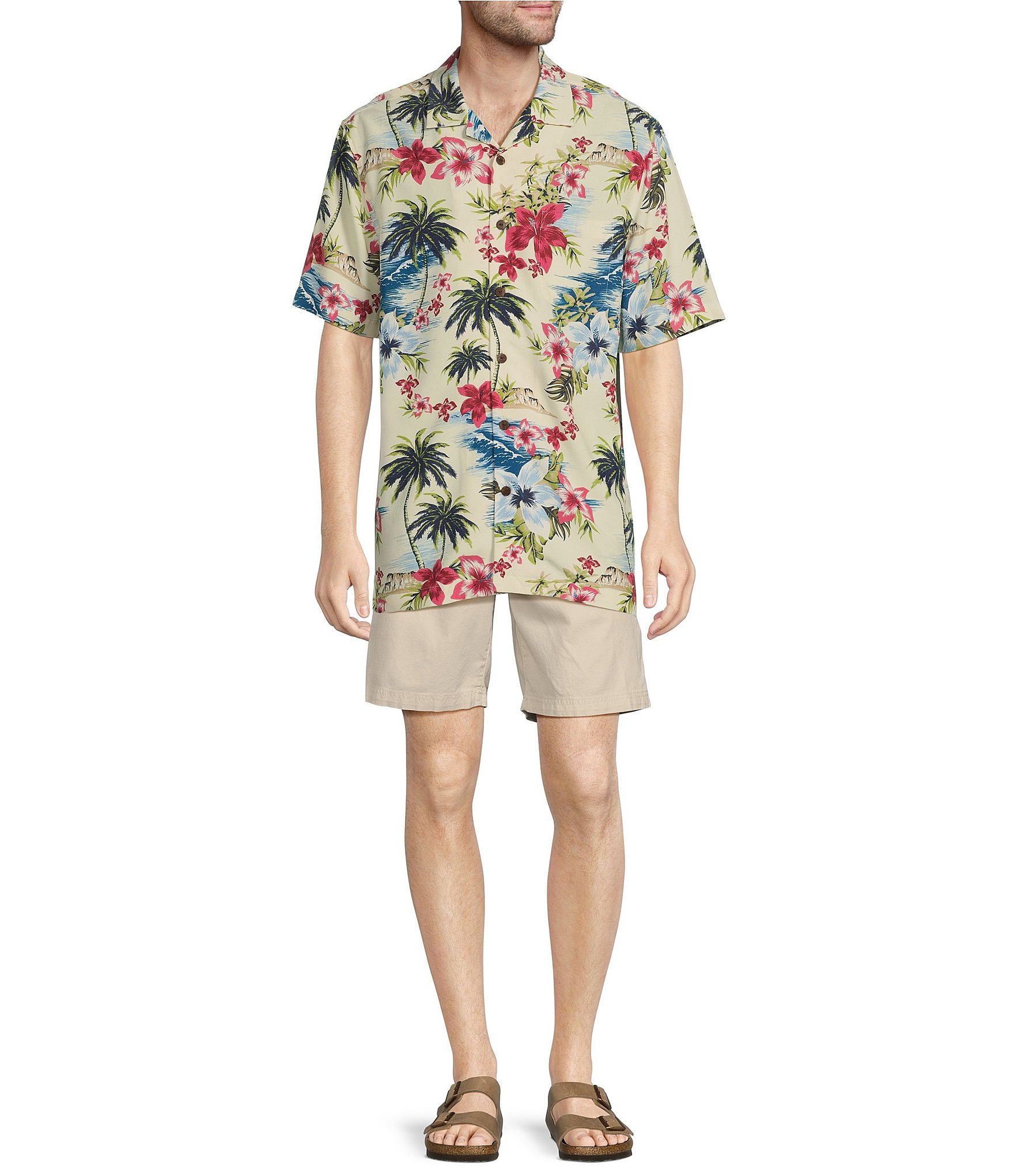 Caribbean Poly Modal Floral Tropical Paradise Beach Printed Short Sleeve Woven Shirt