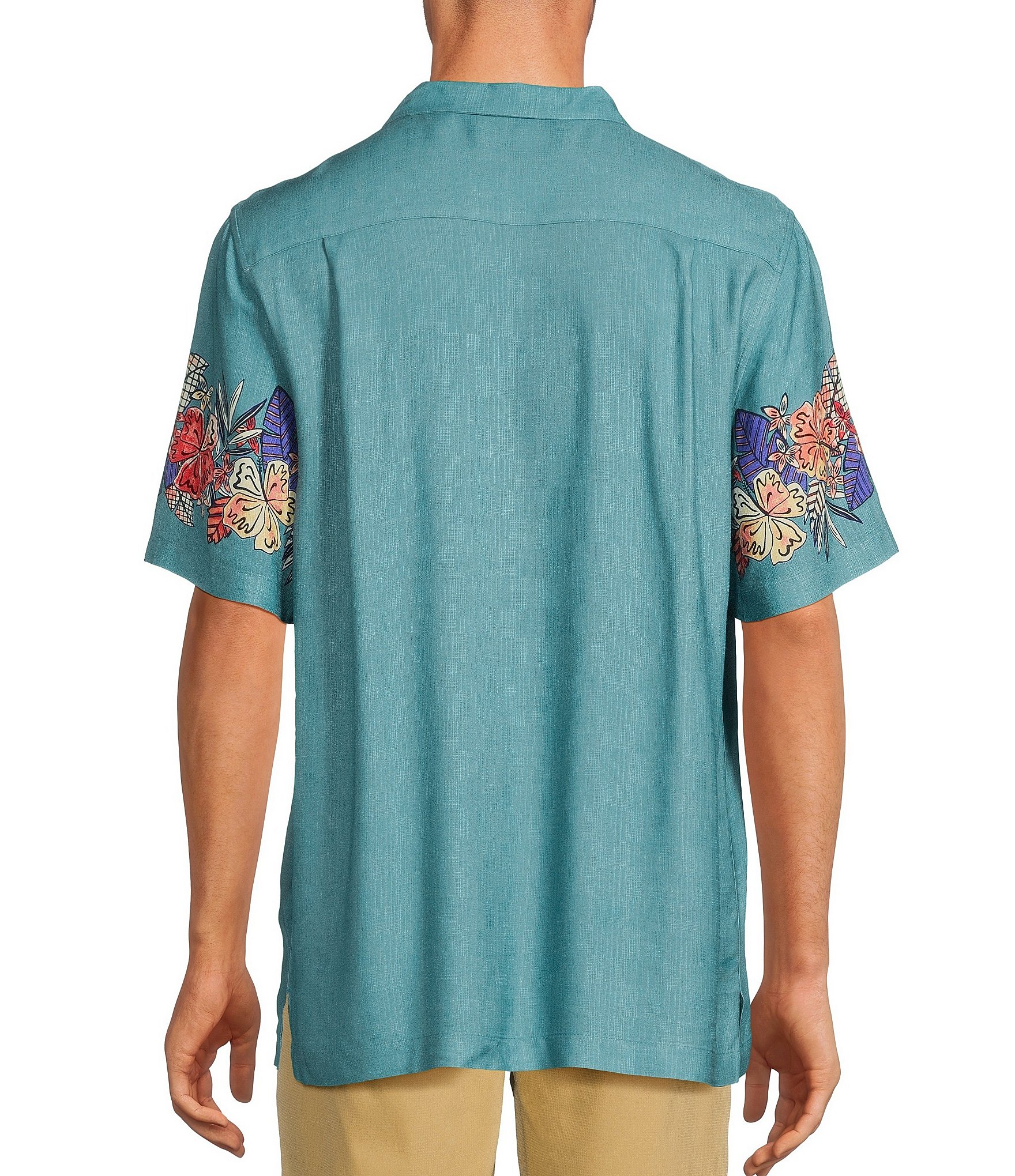 Caribbean Printed Rayon Floral Panel Short Sleeve Woven Camp Shirt