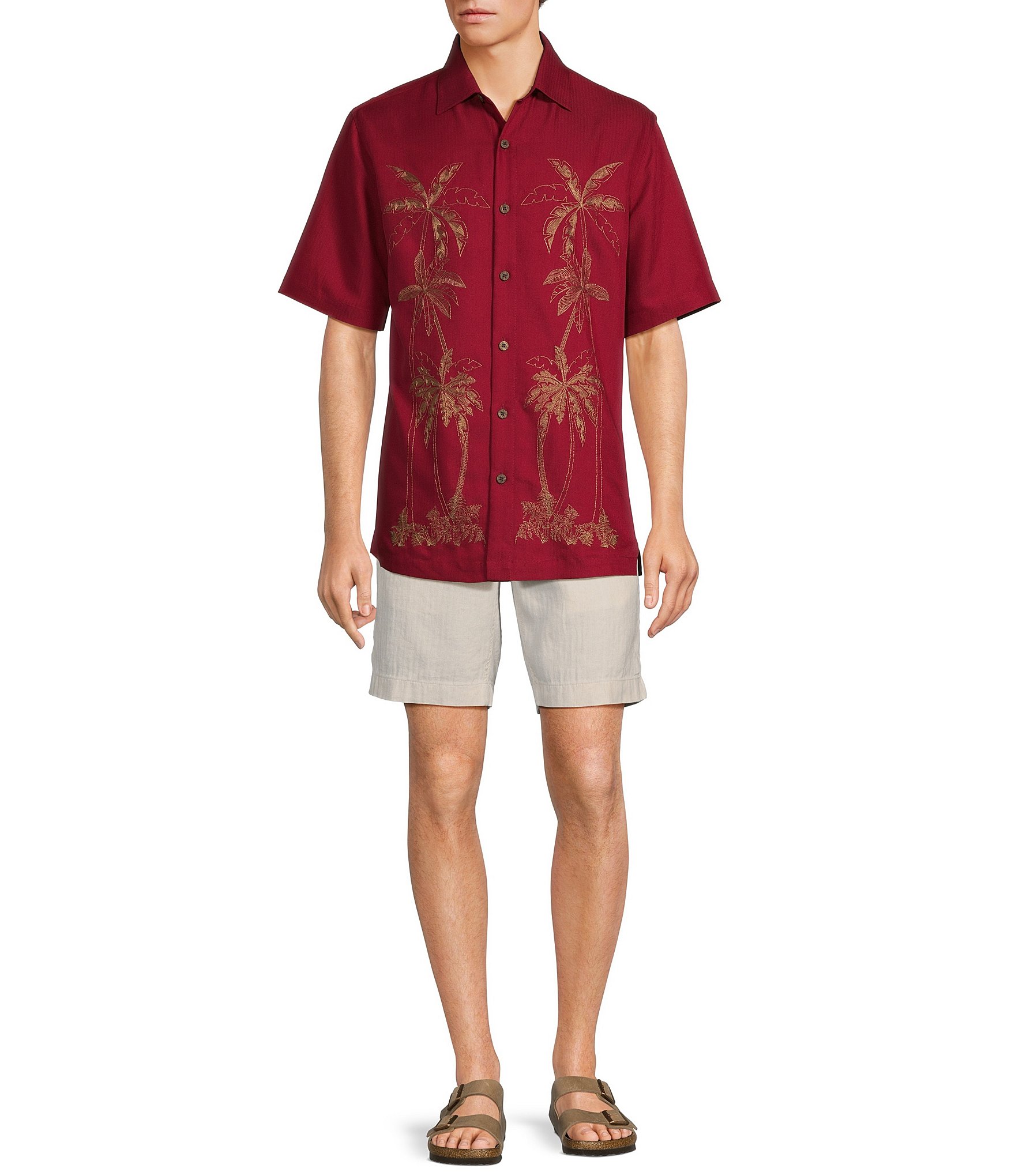 Caribbean Red Palm Panel Embroidered Relaxed Fit Short Sleeve Shirt