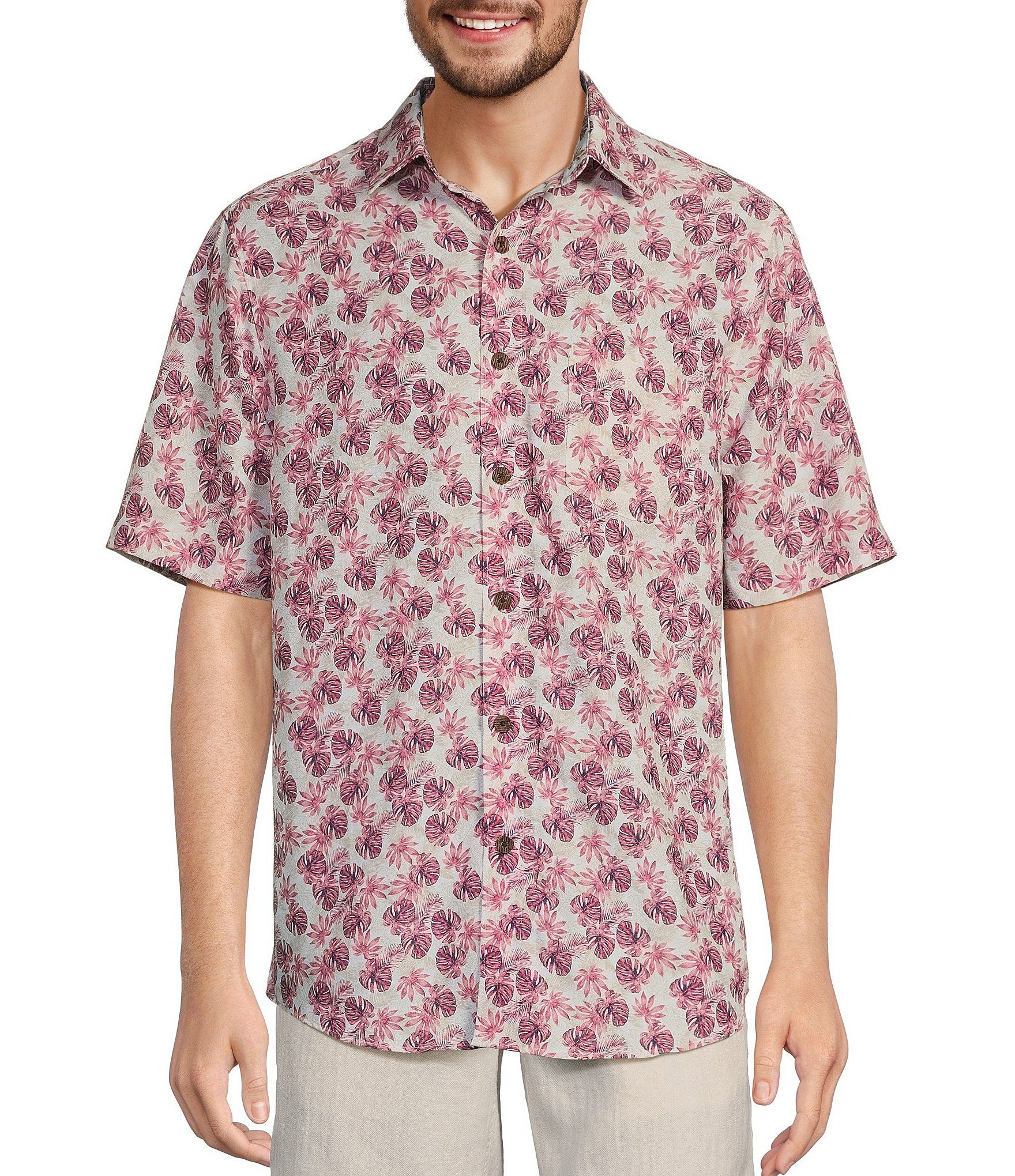 Caribbean Small Leaves Print Poly Modal Short Sleeve Shirt