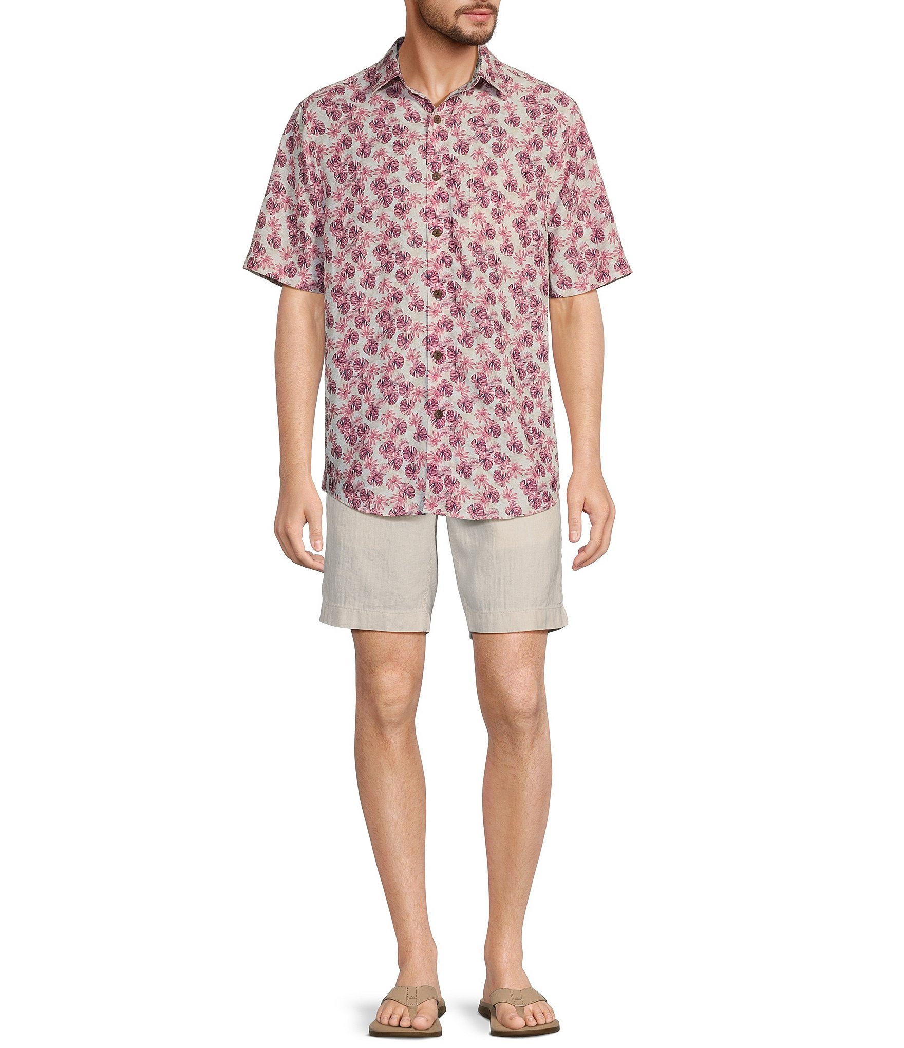 Caribbean Small Leaves Print Poly Modal Short Sleeve Shirt