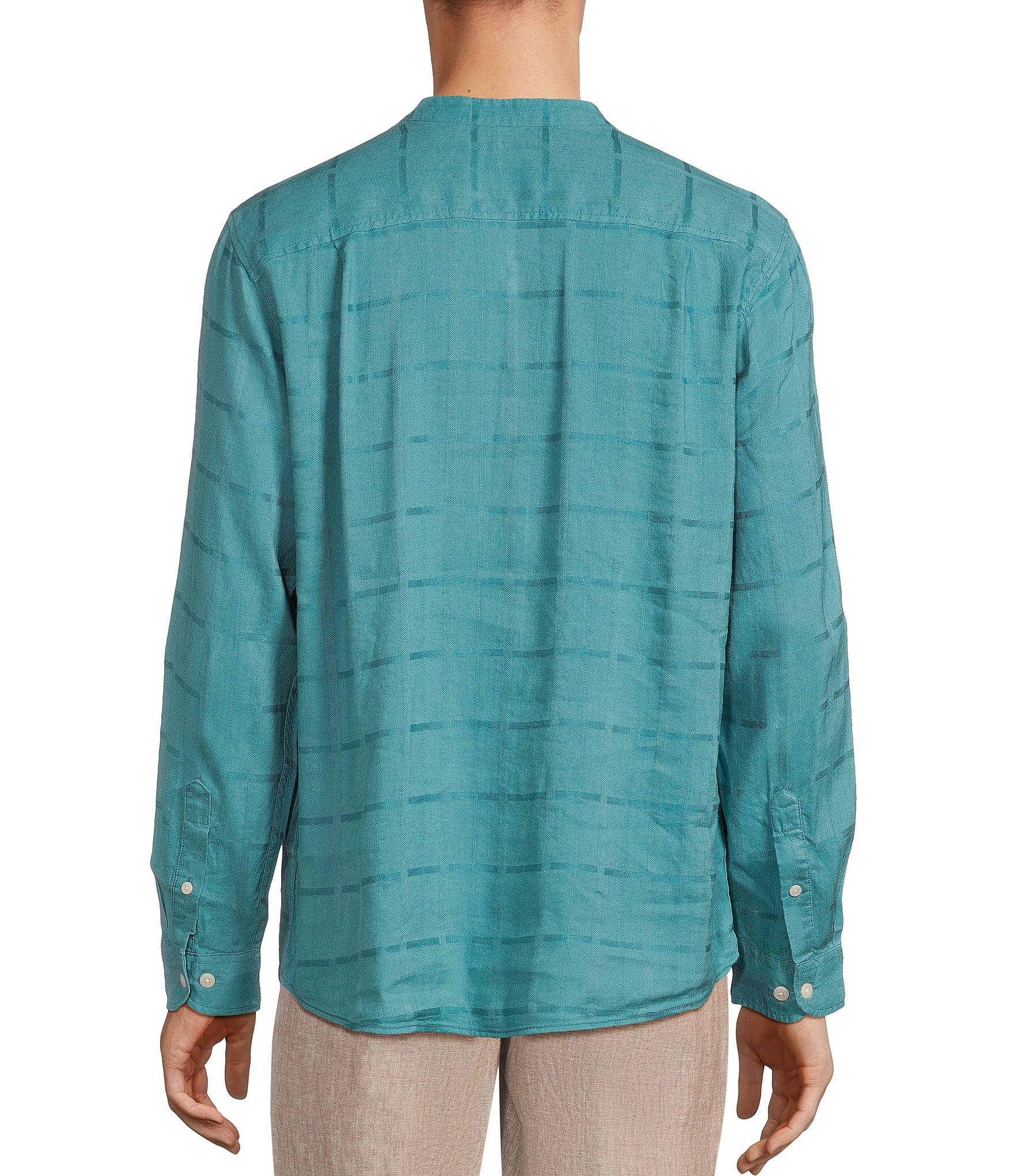 Caribbean Solid Linen Banded Collar Long Sleeve Woven Shirt