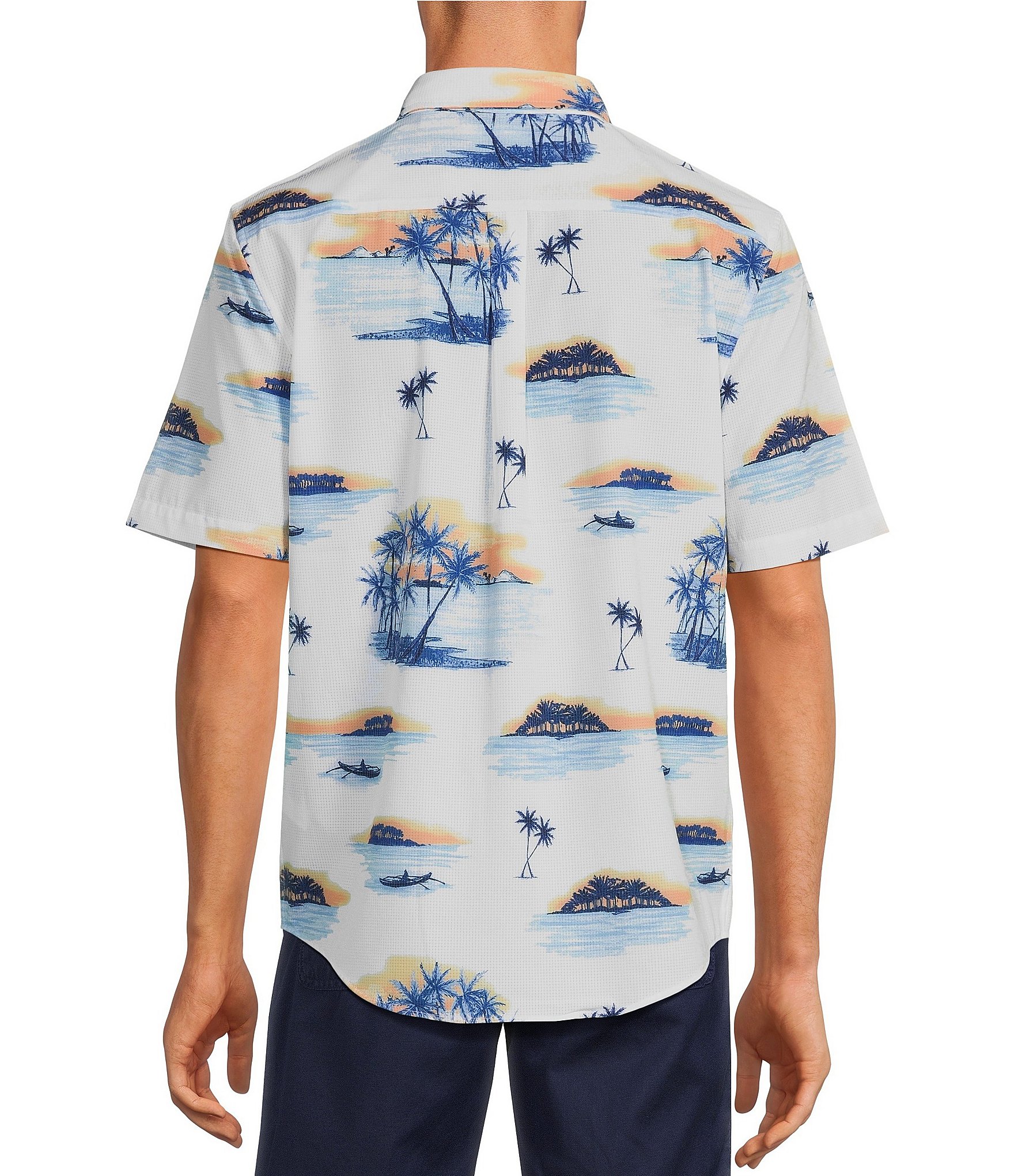 Caribbean Sunset Palm Print Short Sleeve Performance Woven Shirt