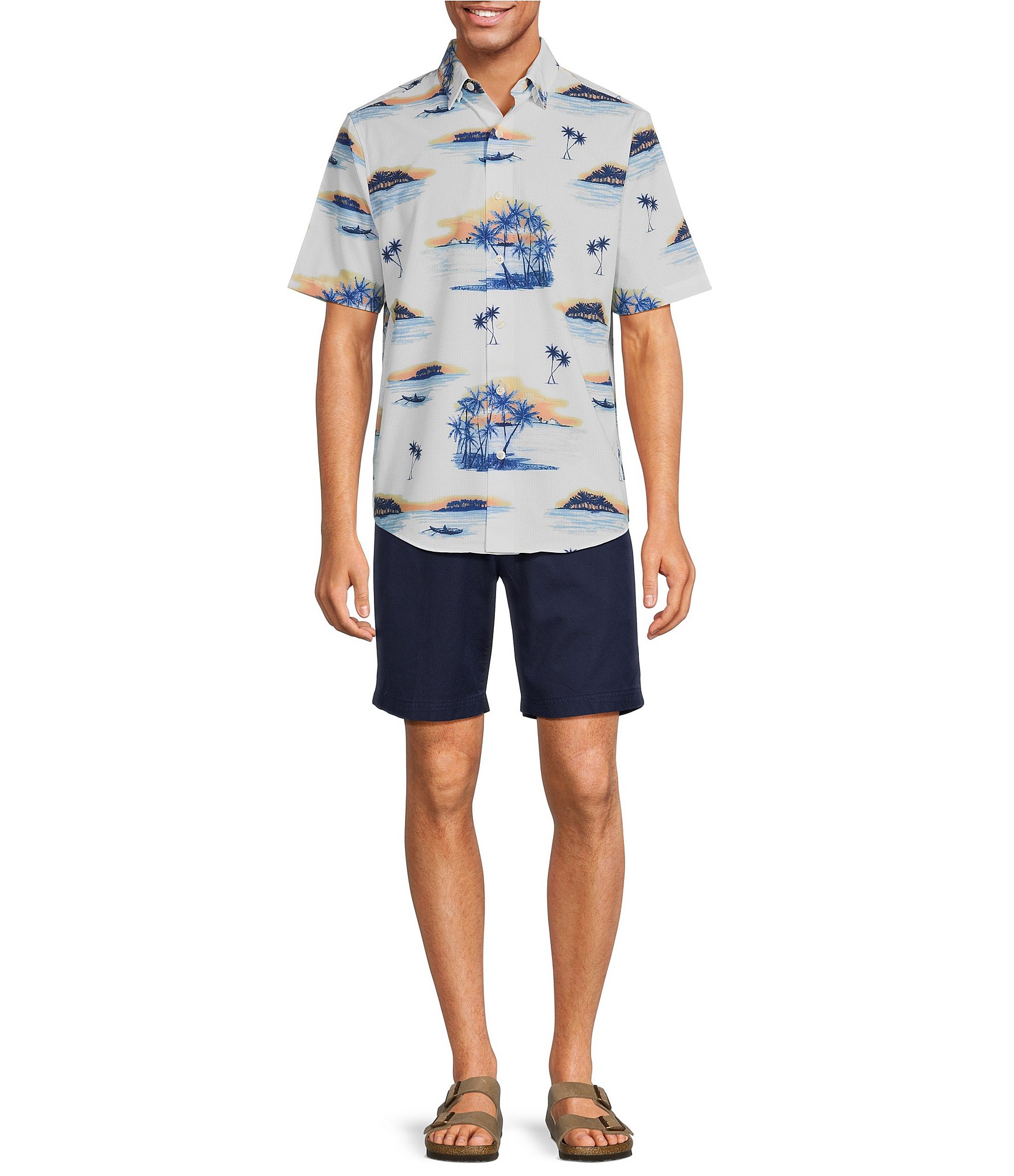 Caribbean Sunset Palm Print Short Sleeve Performance Woven Shirt