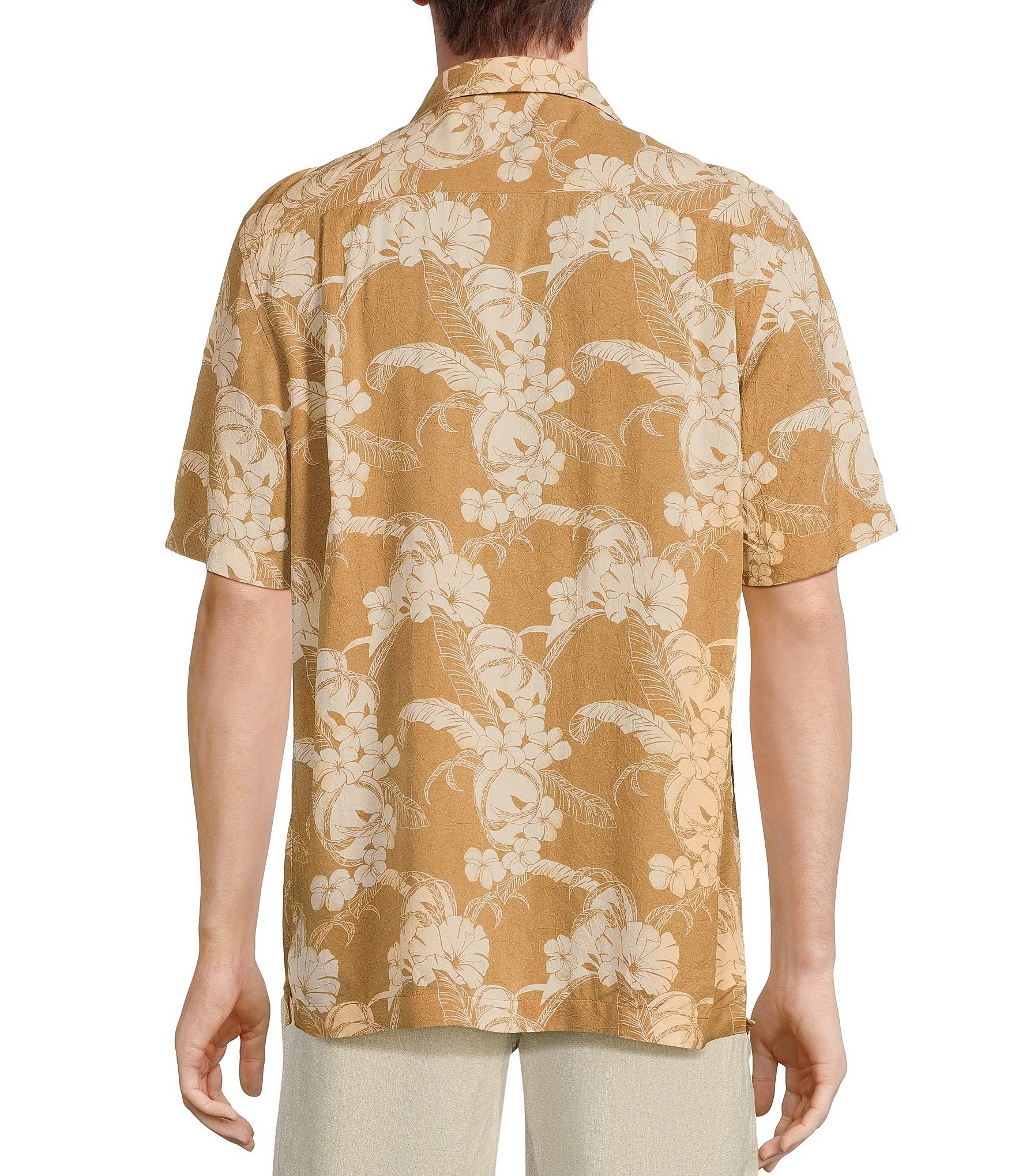 Caribbean Tan Crushed Rayon Printed Leaves Short Sleeve Woven Camp Shirt