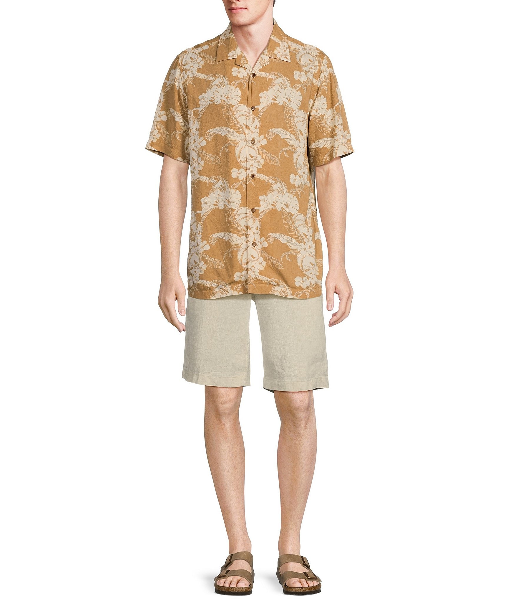 Caribbean Tan Crushed Rayon Printed Leaves Short Sleeve Woven Camp Shirt