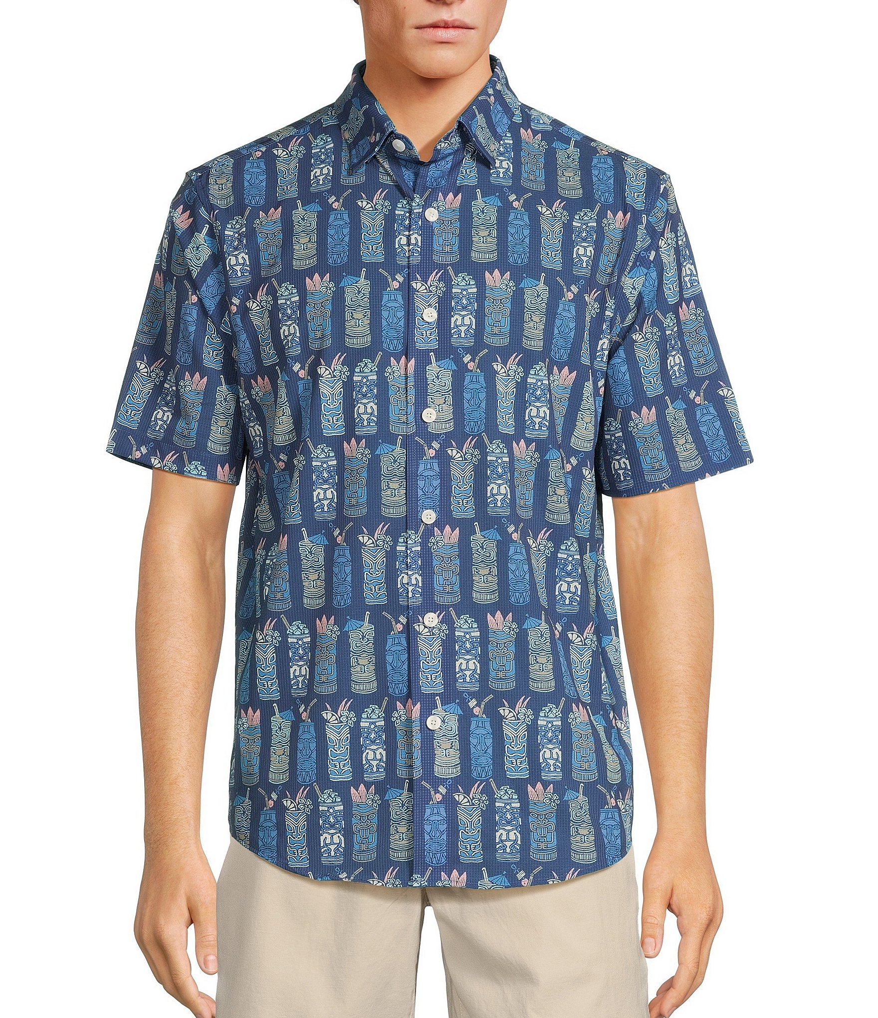 Caribbean Tiki Drink Performance Print Short Sleeve Woven Shirt