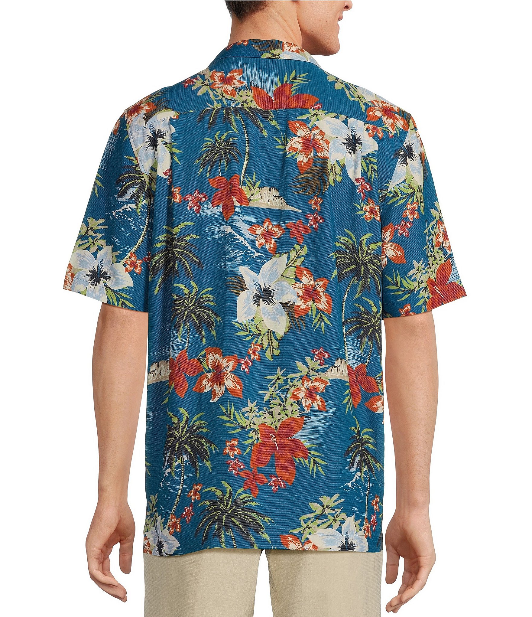 Caribbean Tropical Paradise Beach Printed Short Sleeve Woven Shirt