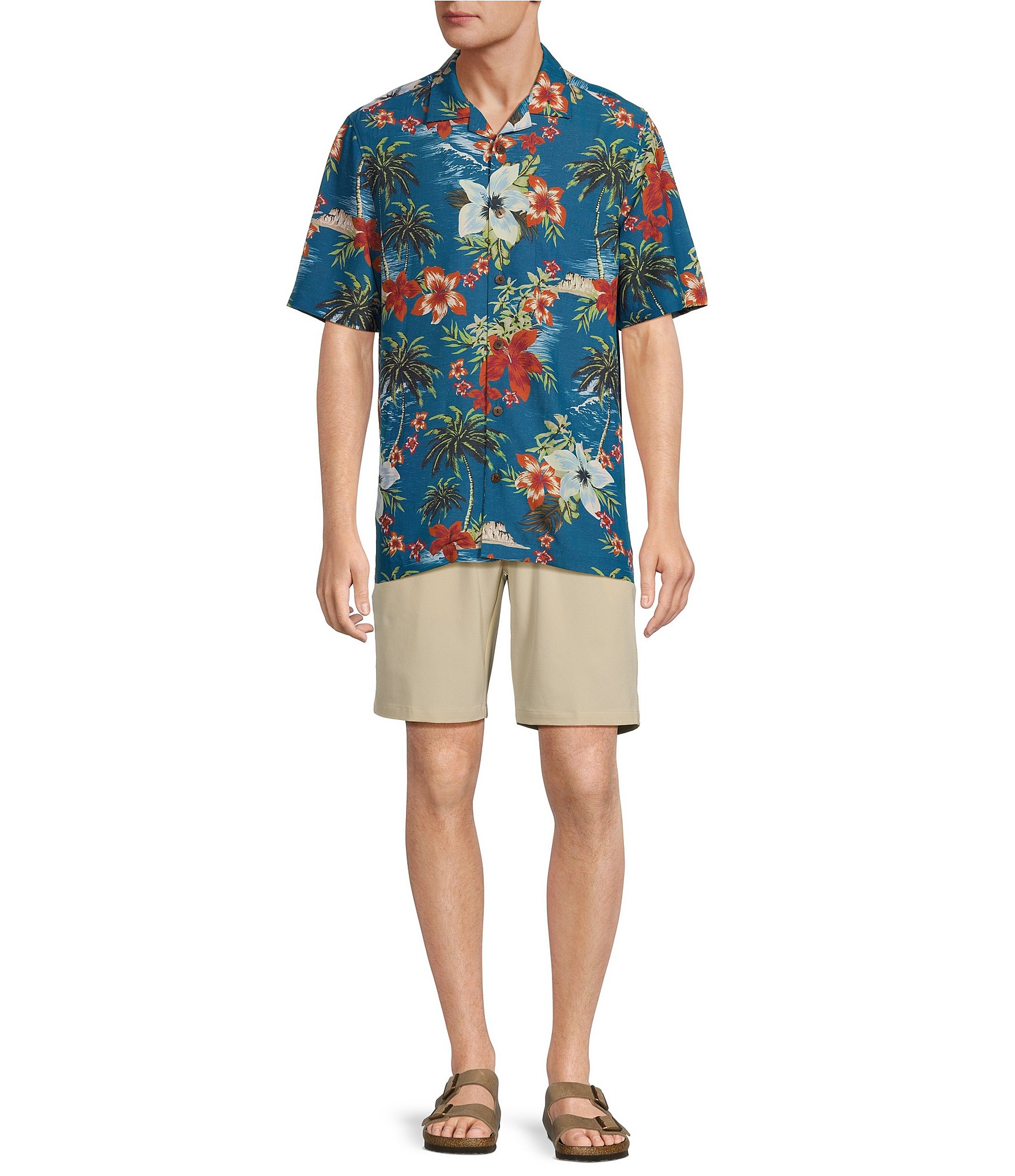 Caribbean Tropical Paradise Beach Printed Short Sleeve Woven Shirt