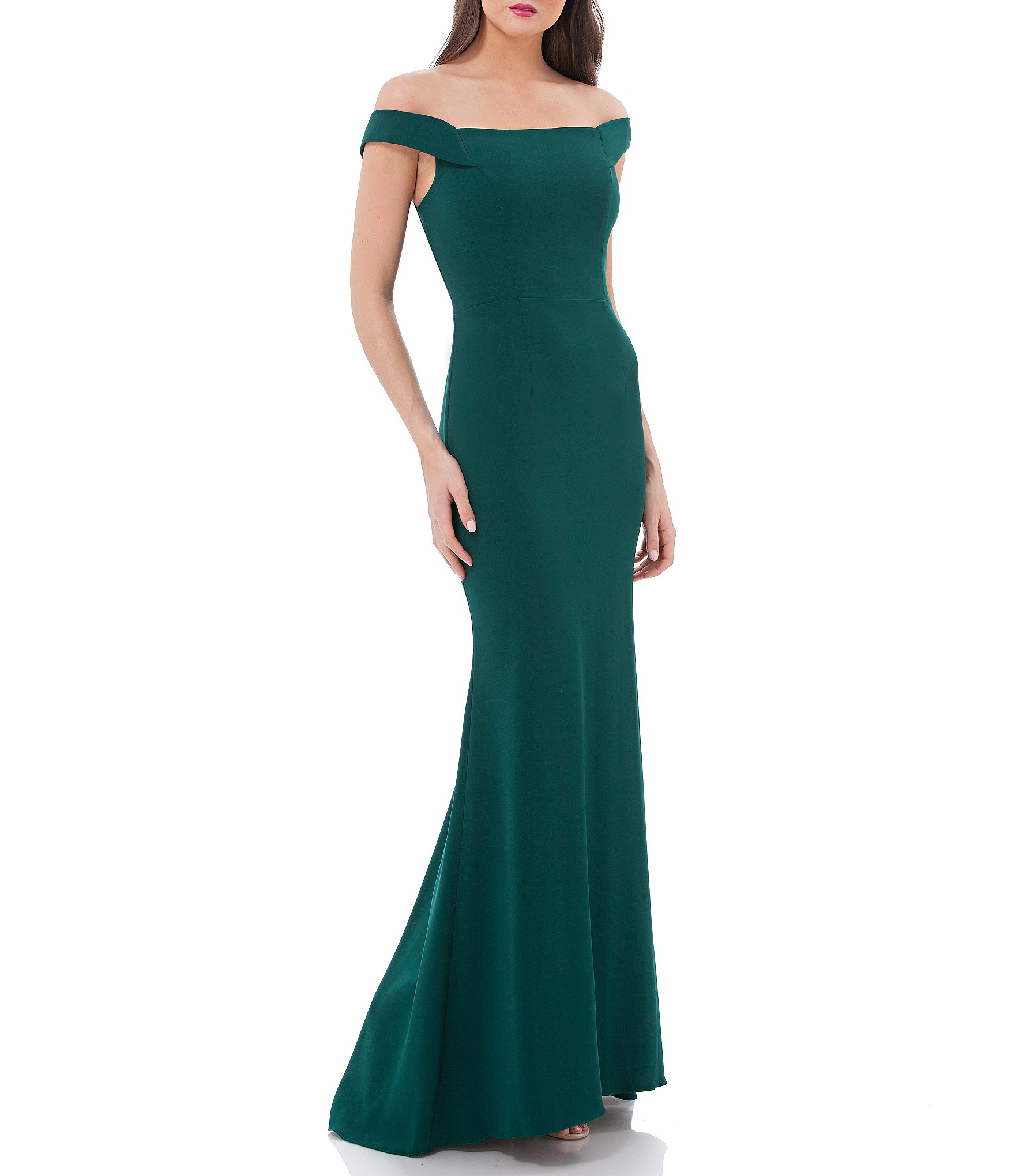 Carmen Marc Valvo Infusion Off-the-Shoulder Stretch Crepe Gown | Dillards