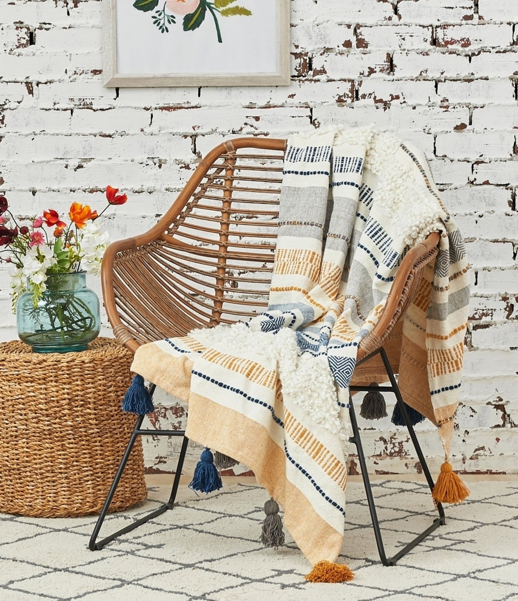 carol & frank Barton Striped Mixed Media Tassel Decorative Throw Blanket