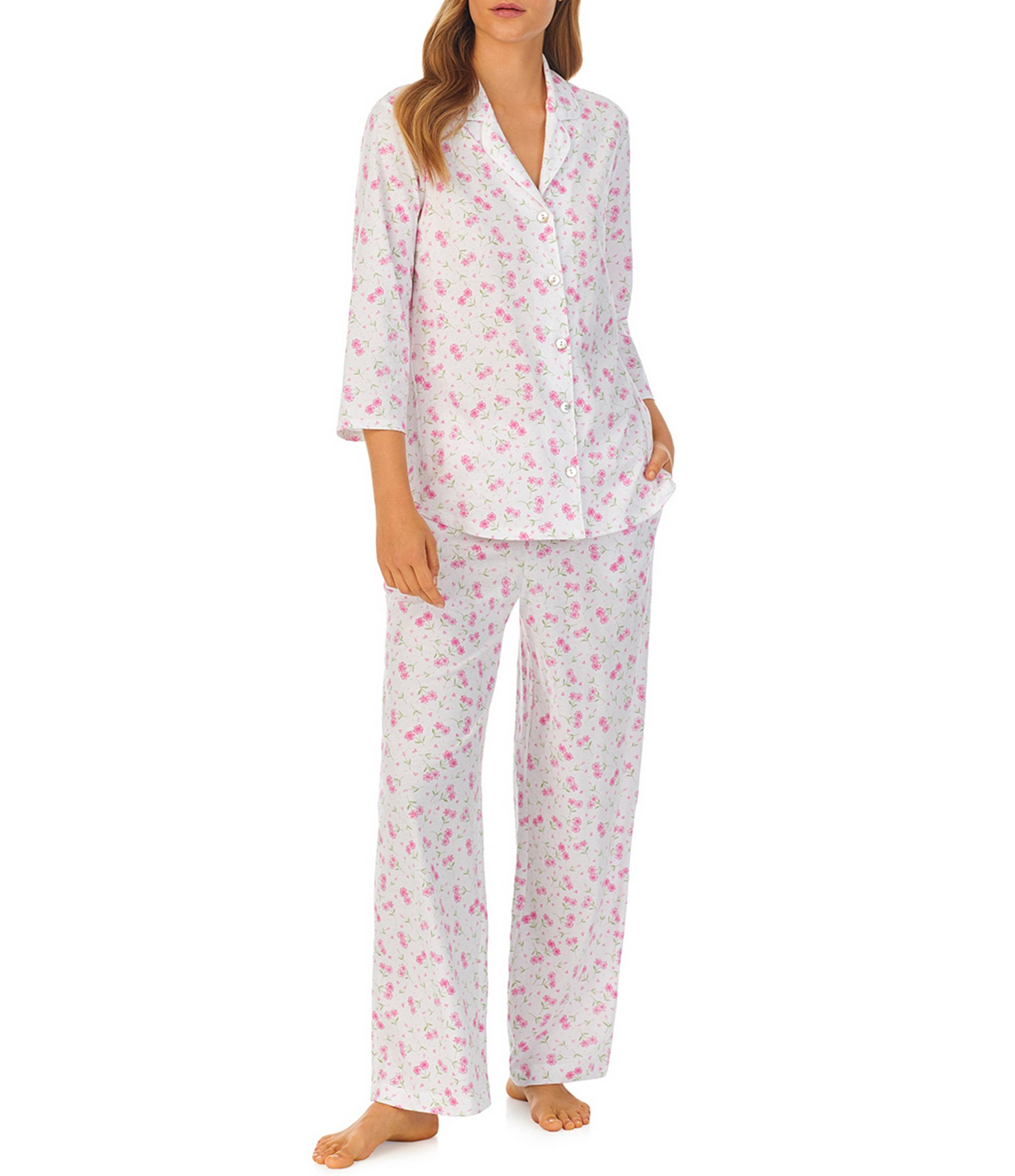 Carole Hochman Floral Cotton Jersey 3/4 Sleeve Notch Collar Pajama Set ...