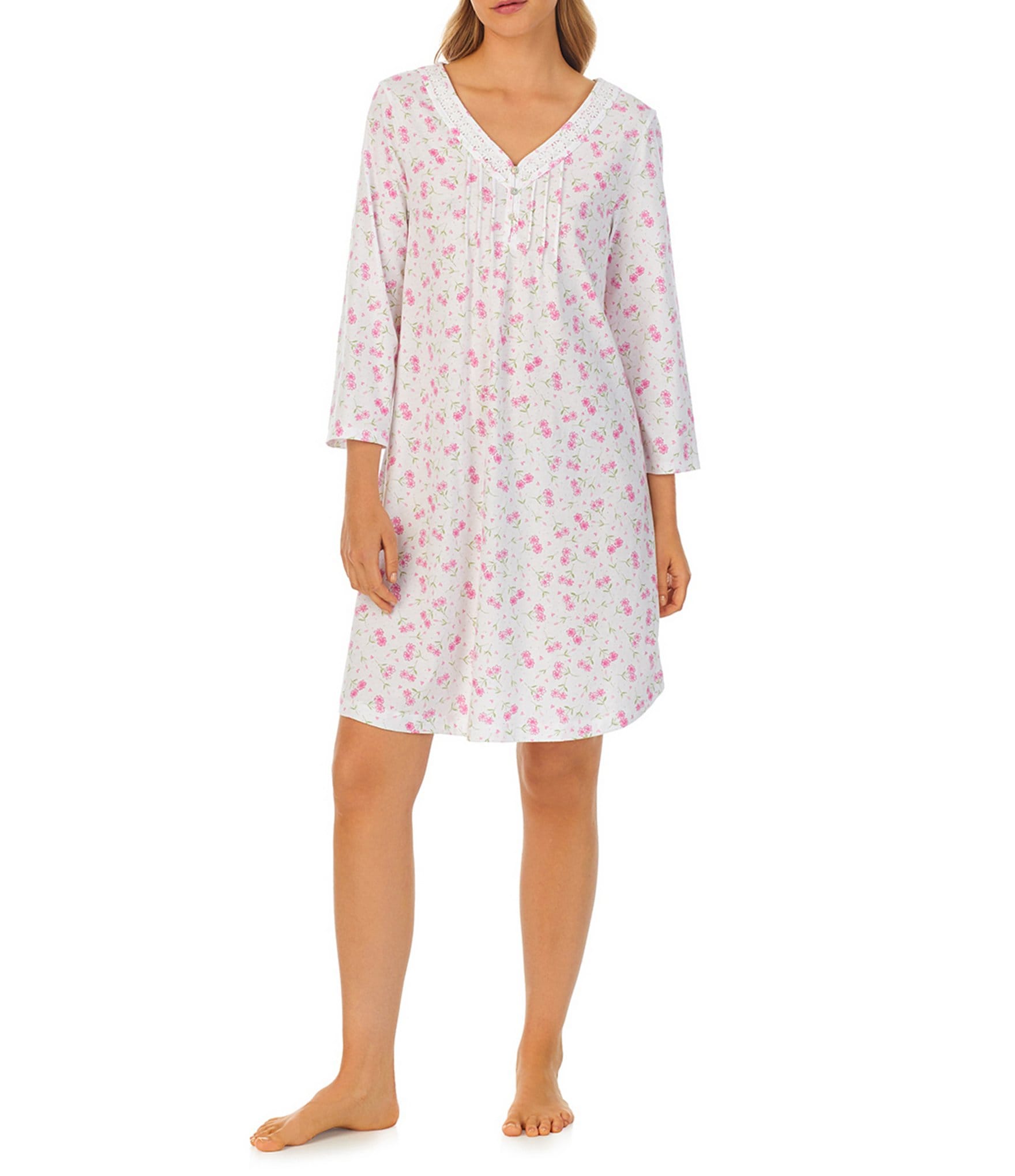 Carole Hochman Floral Cotton Jersey 3/4 Sleeve V-Neck Nightgown