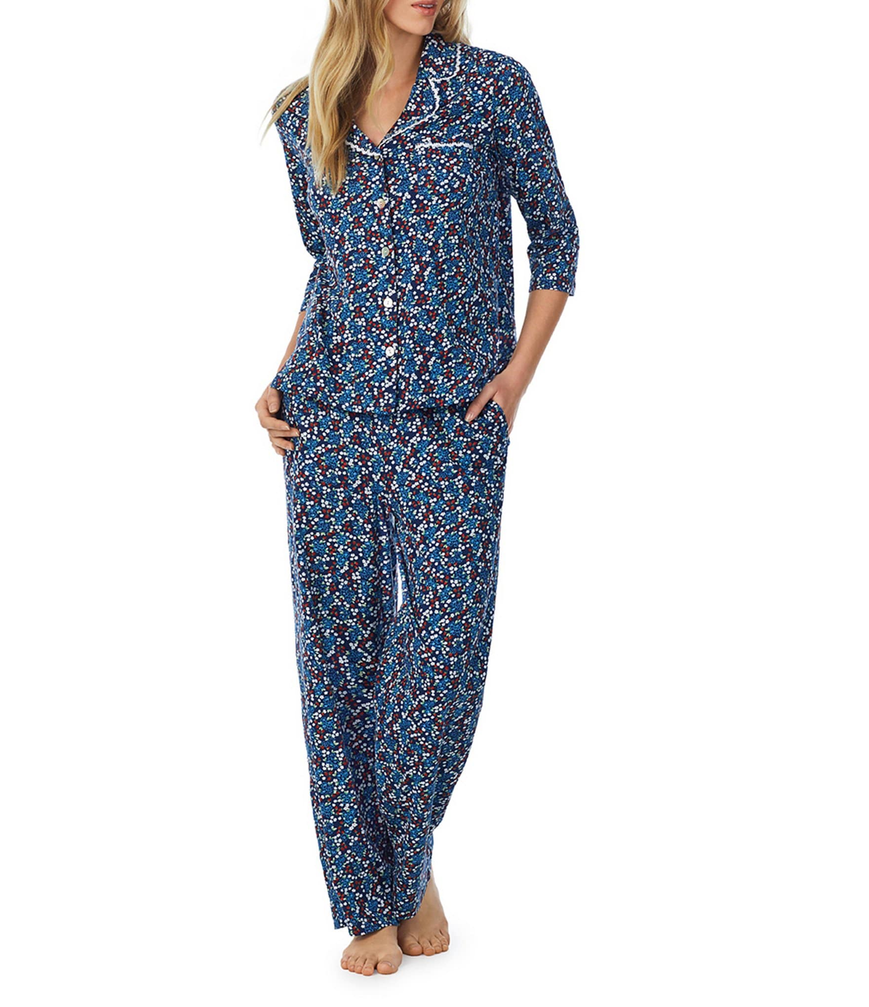 TAMPAP Women's Shirt Collar Fleece Pajama Set Patterned Set 45691