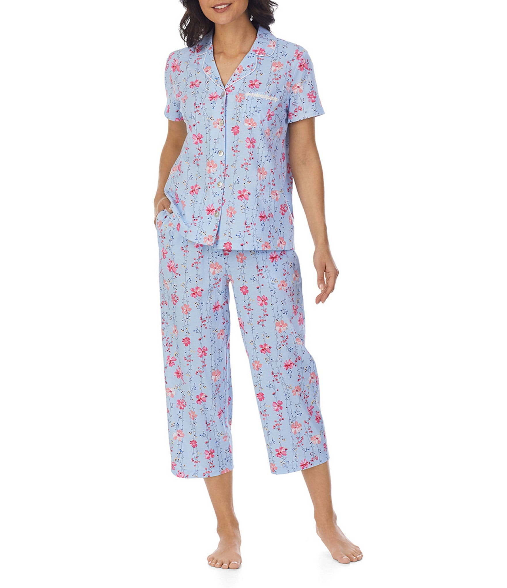Carole Hochman Floral Print Notch Collar Short Sleeve Cotton Pajama Set ...