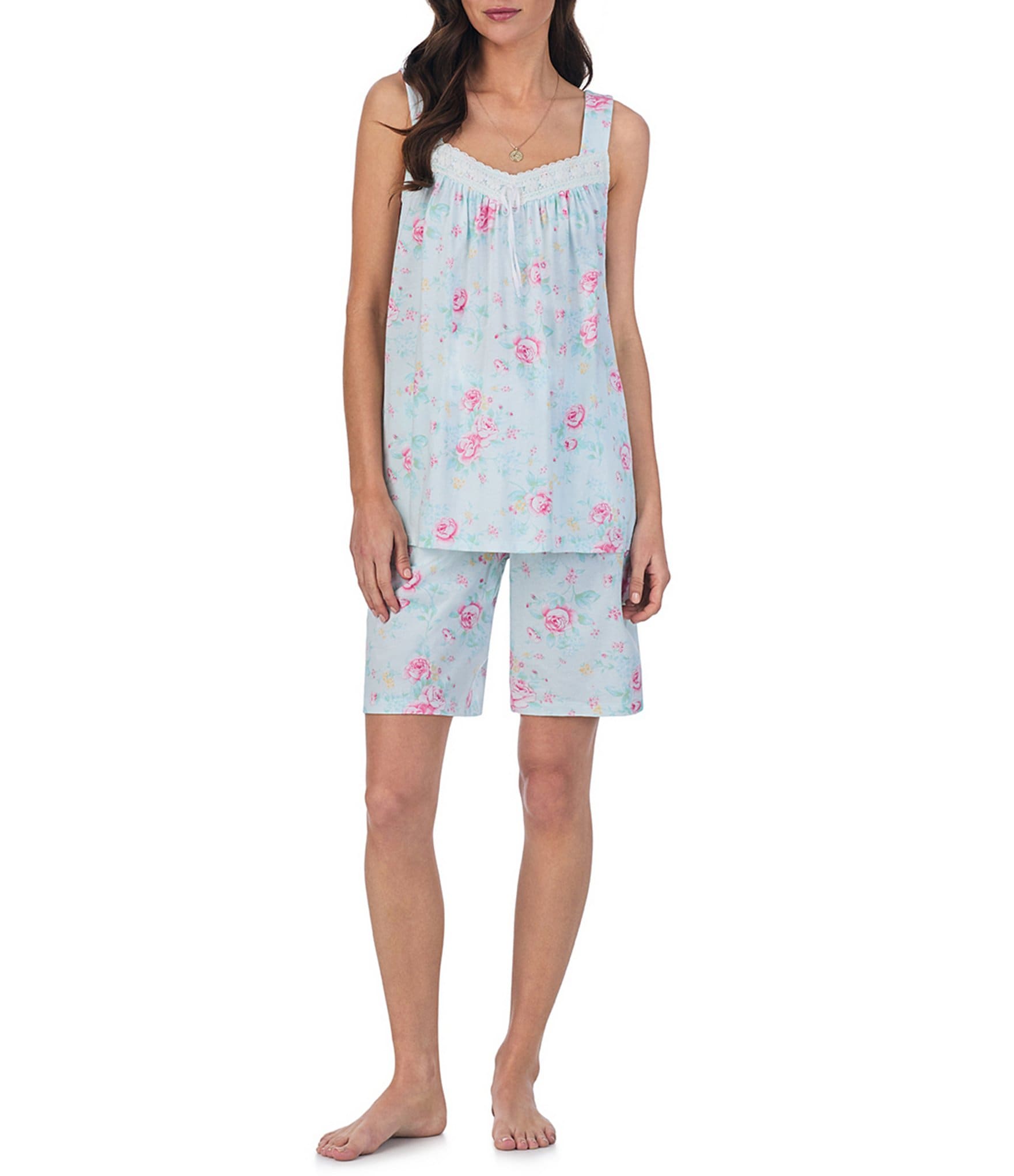 Carole Hochman Floral Print Sleeveless Sweetheart Neck Jersey Knit Cotton Shorty Pajama Set