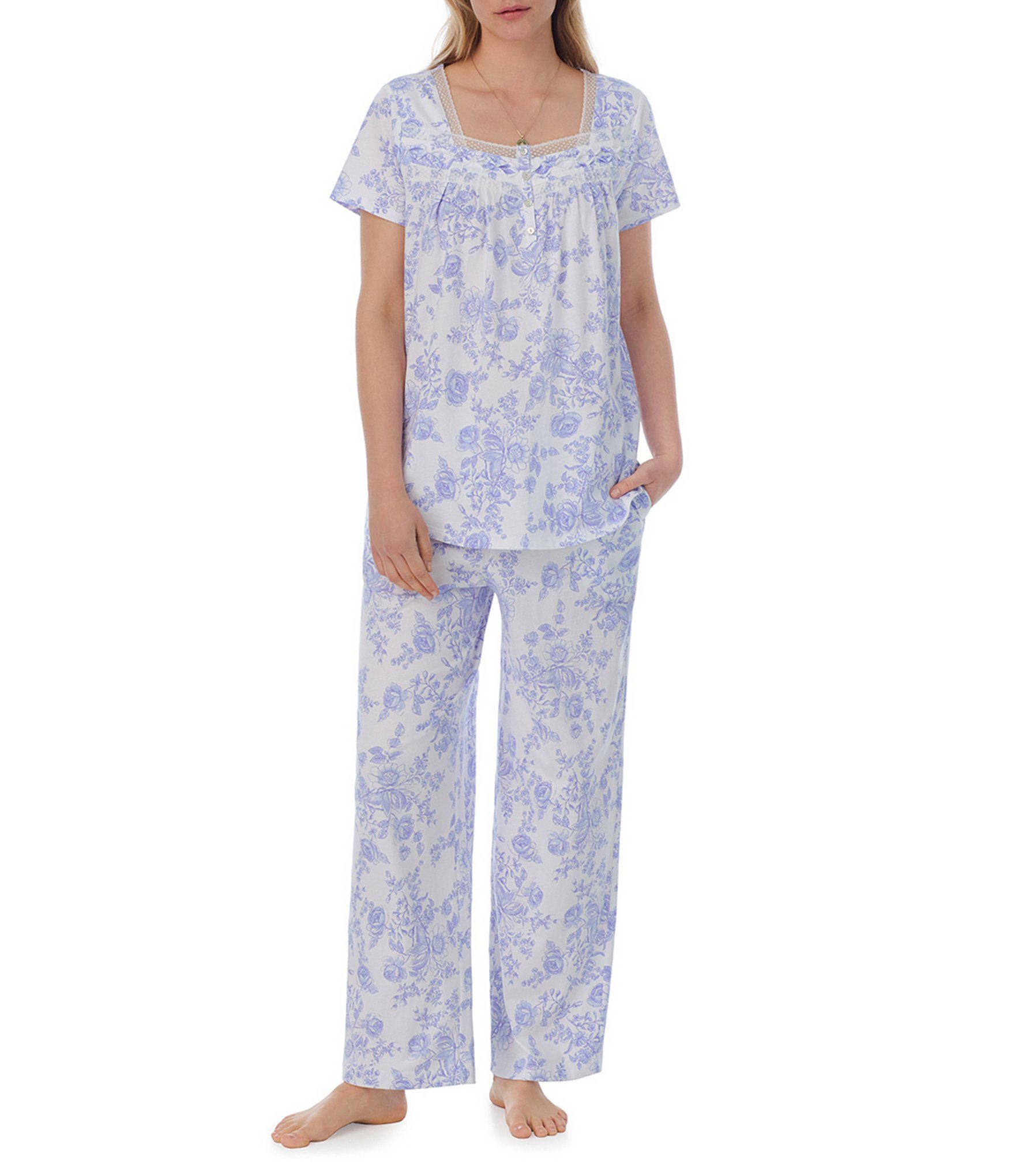 Carole Hochman Floral Short Sleeve Square Neck Cotton Pant Pajama Set