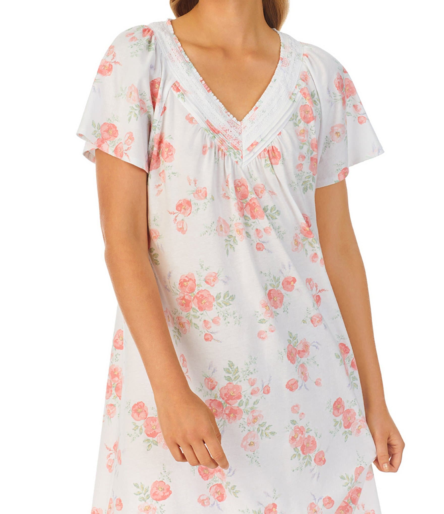 Carole Hochman Flutter Sleeve V-Neck Cotton Jersey Floral Short Waltz Gown