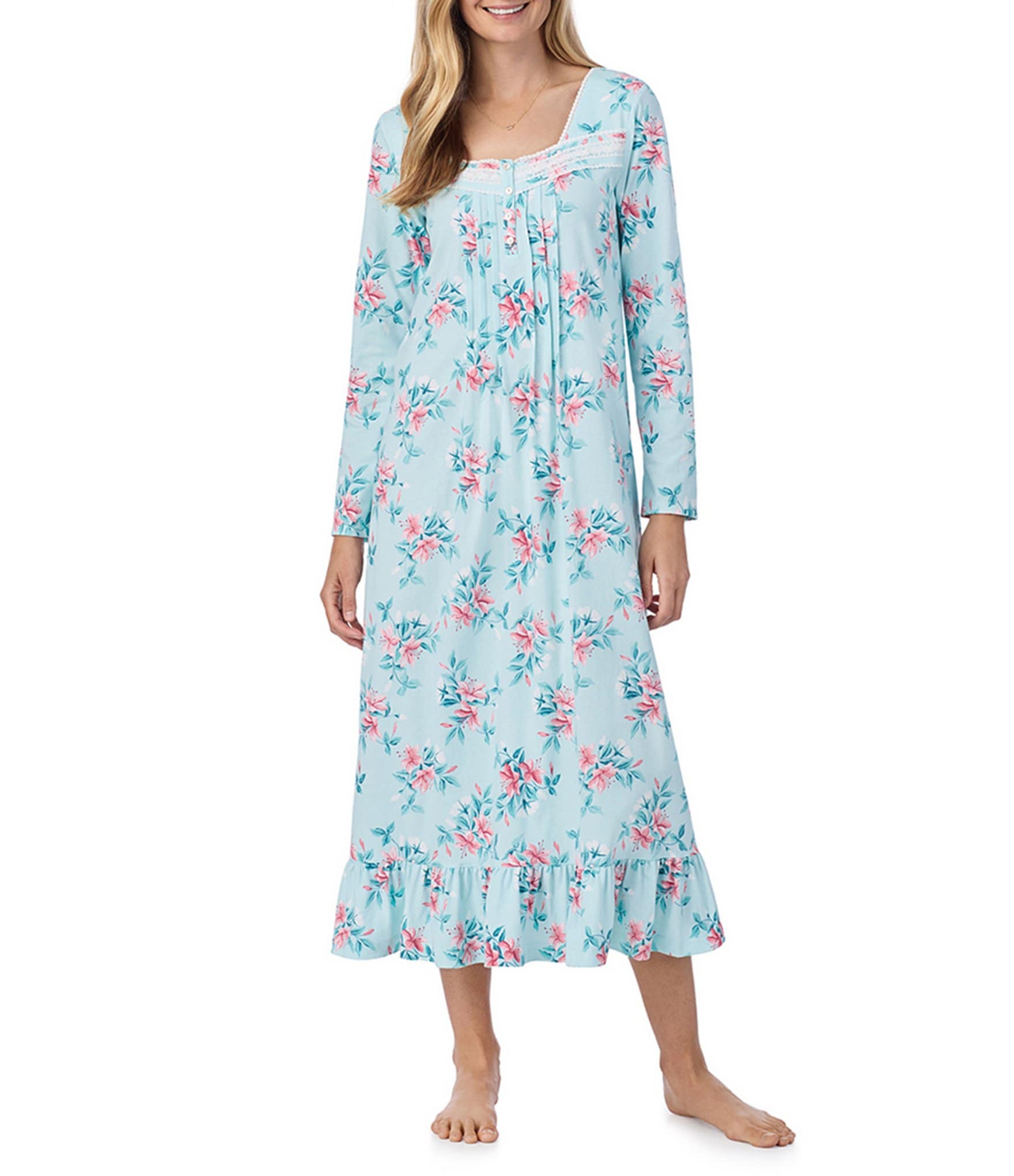 Carole Hochman Knit Floral Print Long Sleeve Sweetheart Neckline Midi Ballet Length Nightgown