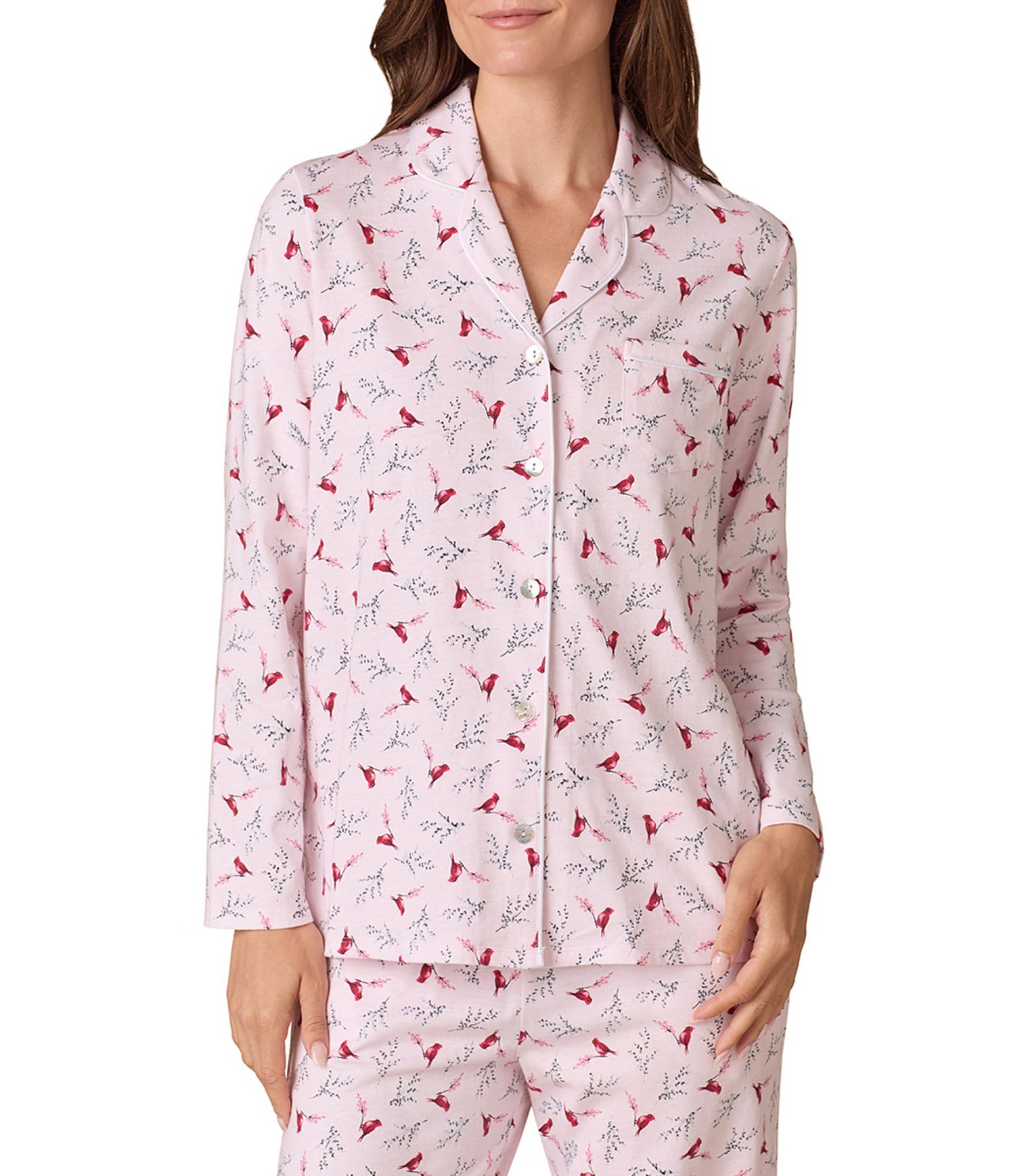 Carole Hochman Long Sleeve Notch Collar Cardinal Print Jersey Knit Button Front Long Pajama Set