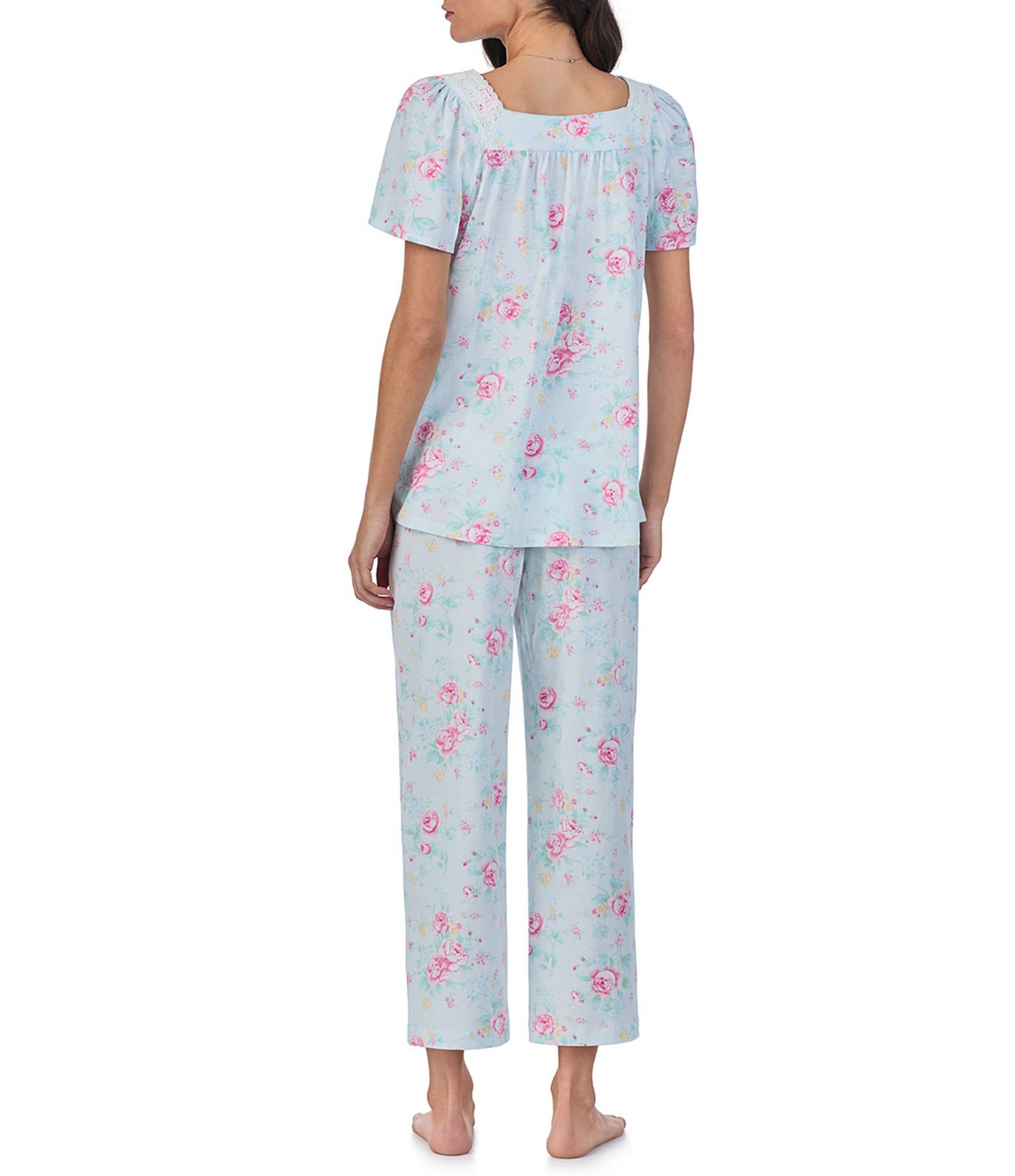 Carole Hochman Petite Size Floral Print Short Sleeve Sweetheart Neck Cotton Jersey Knit Pajama Set