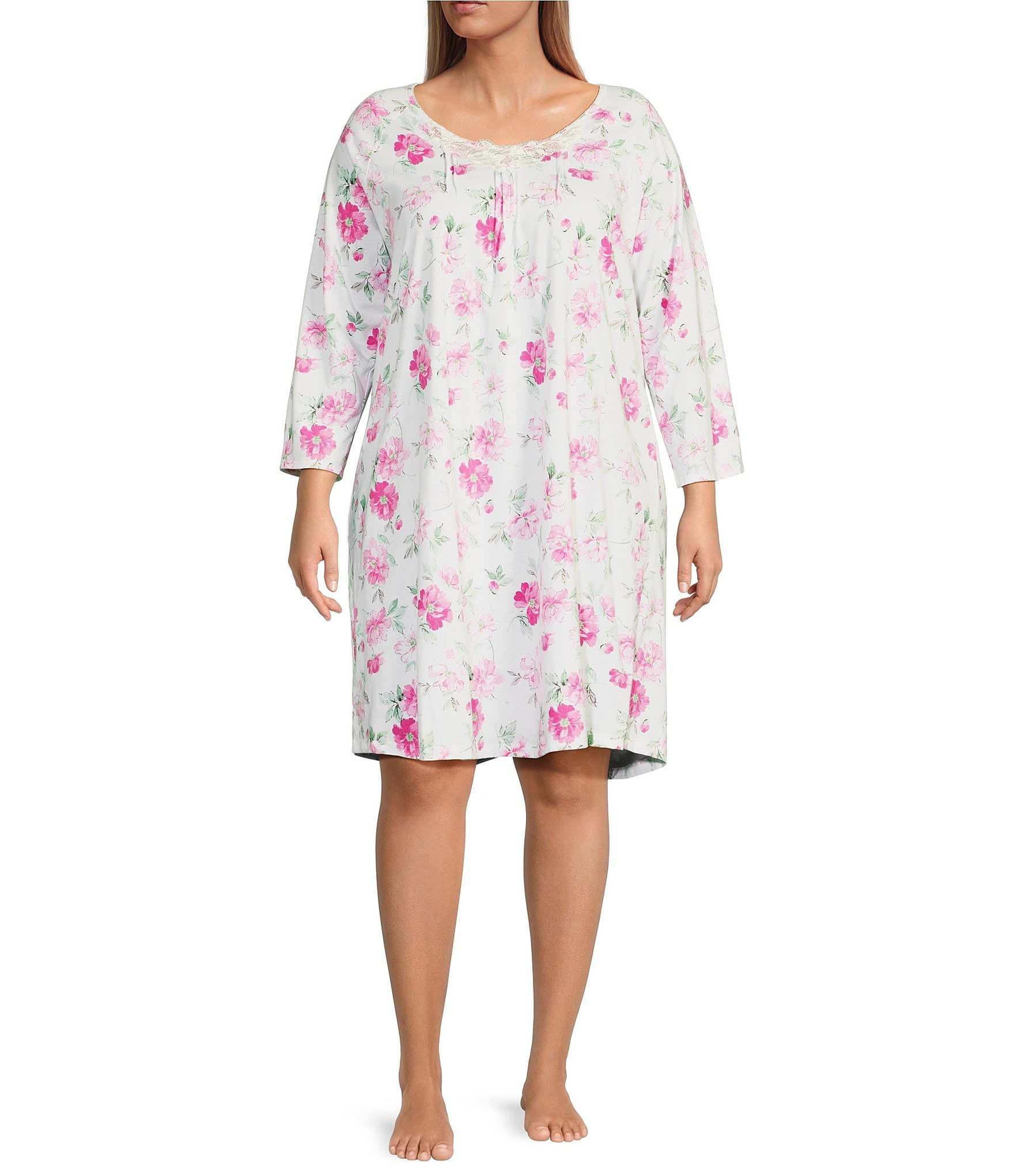 Carole Hochman Plus Size 3/4 Sleeve Scoop Neck Cotton Jersey Floral Nightgown