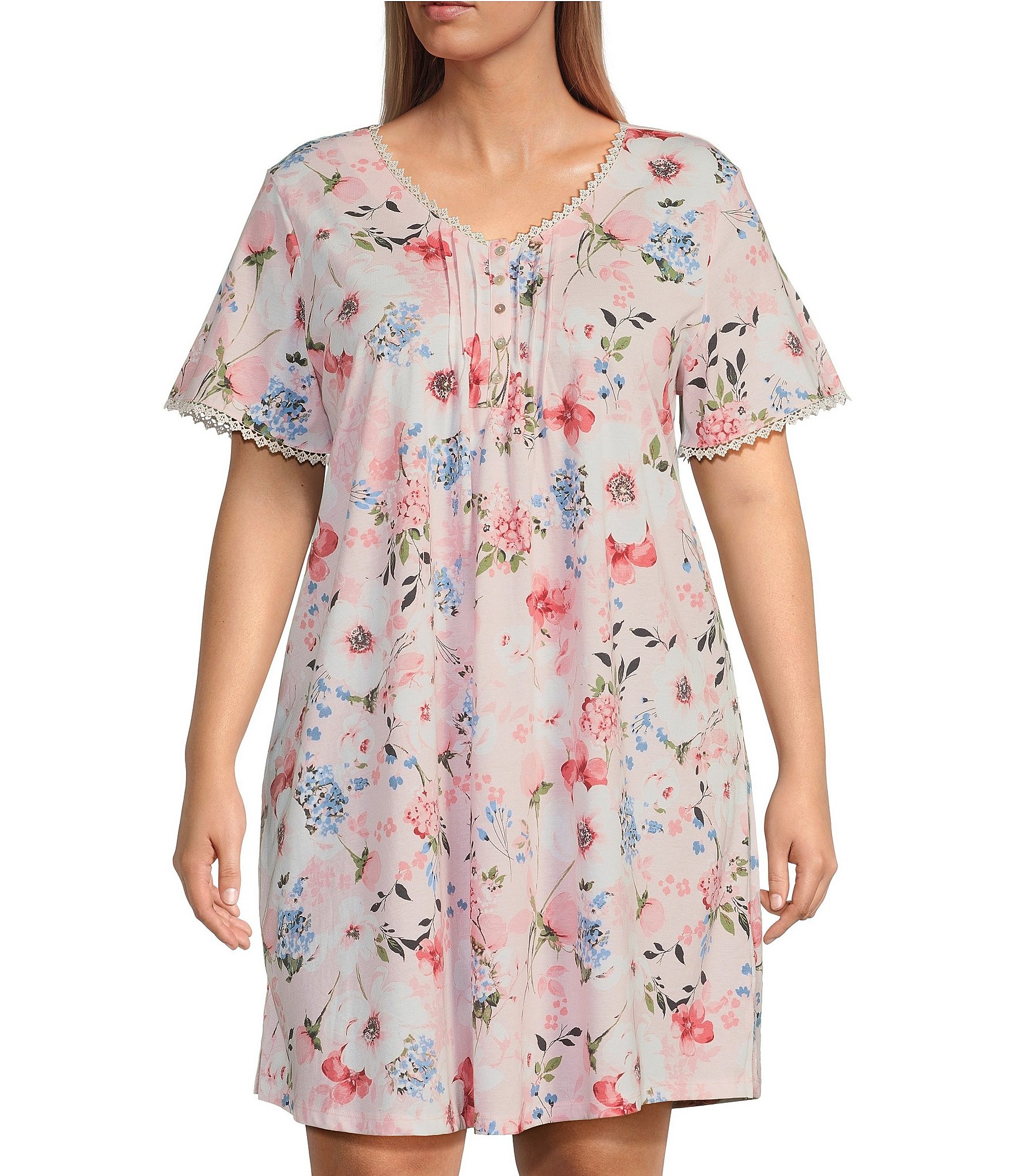 Carole Hochman Plus Size Floral Print Jersey Knit Short Sleeve V-Neck  Nightgown