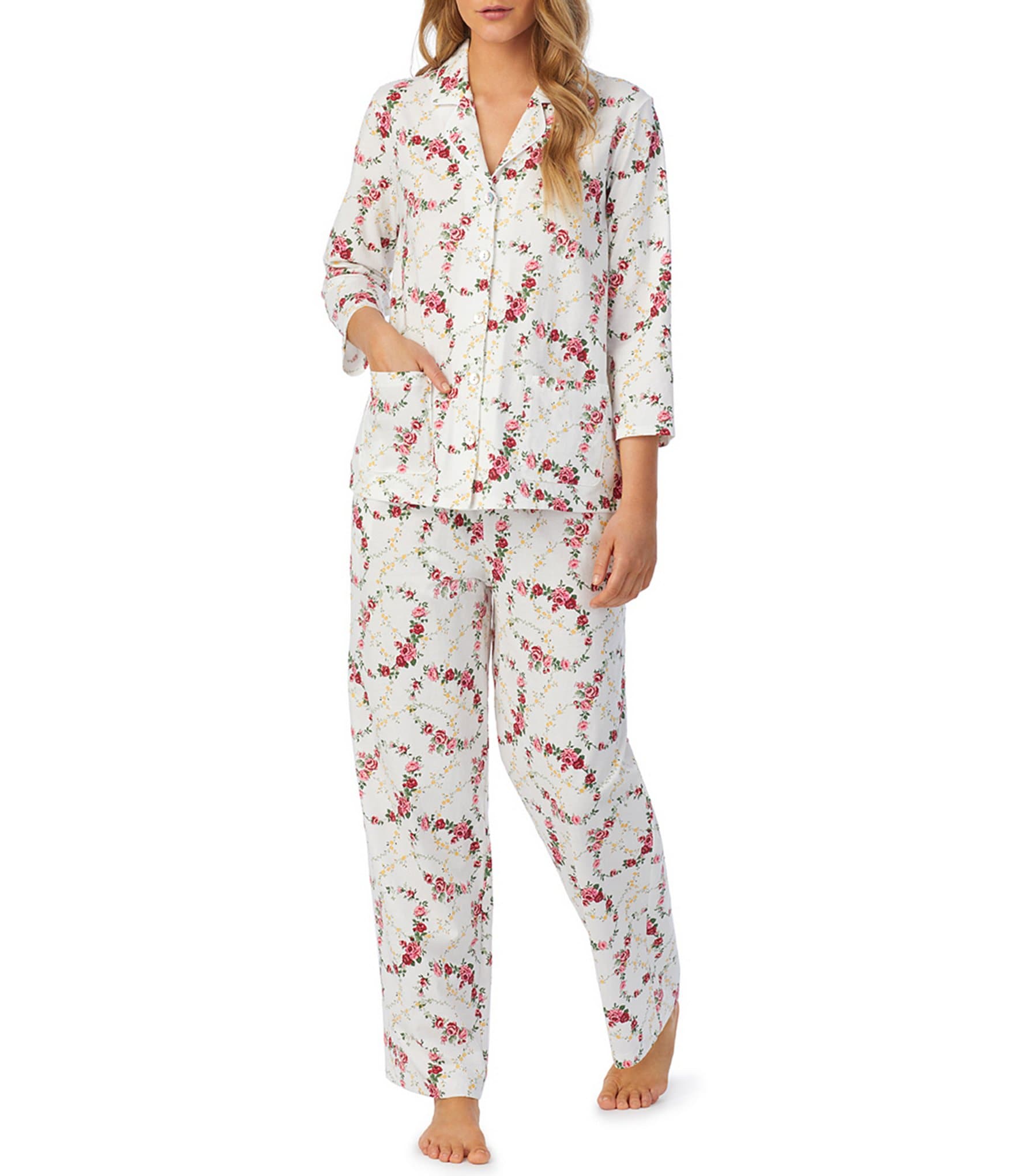 Carole Hochman Rose Print 3/4 Sleeve Notch Collar Coordinating Jersey Knit  Pajama Set