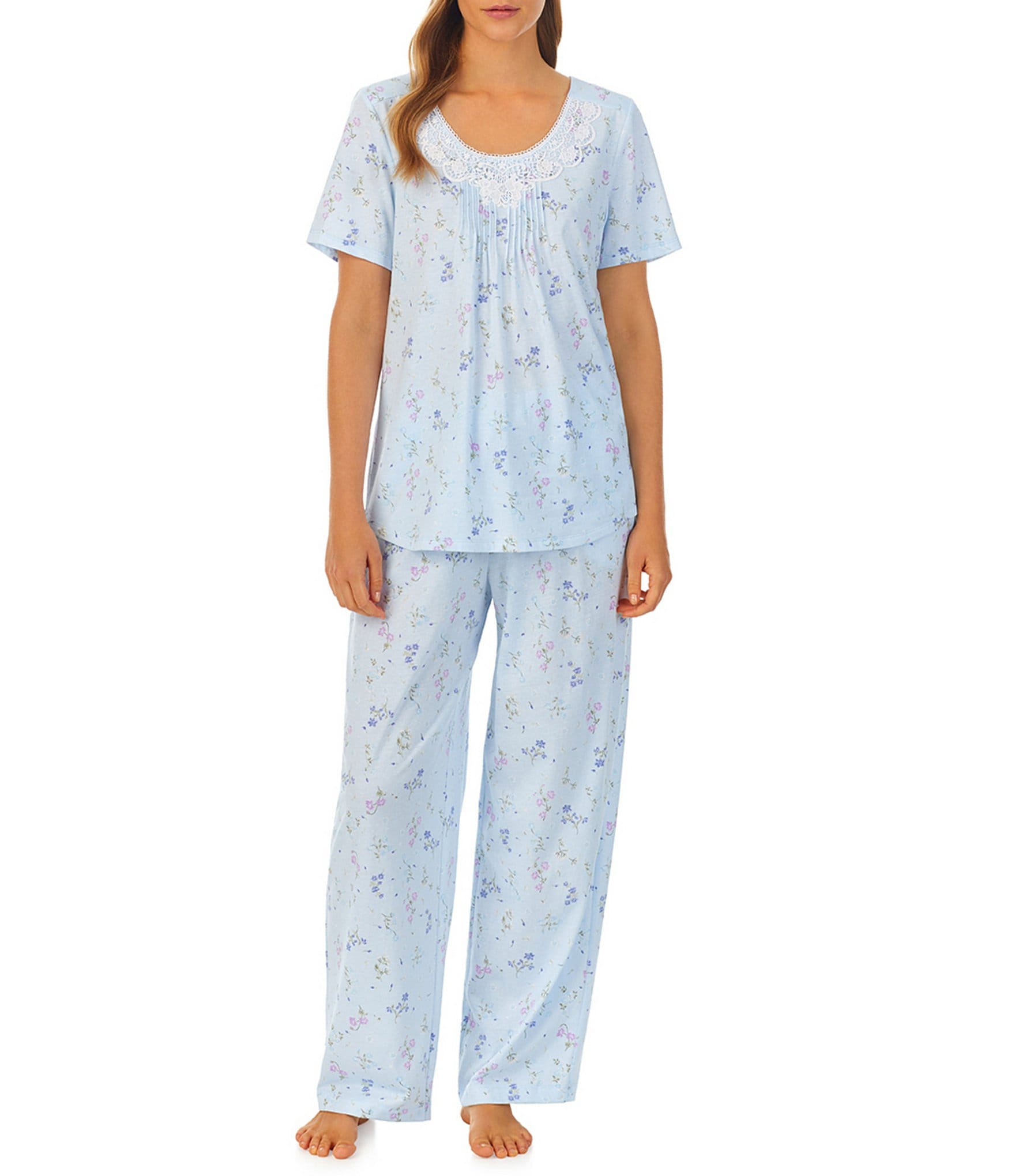 Carole Hochman Short Sleeve Scoop Neck Coordinating Floral Cotton Knit  Pajama Set