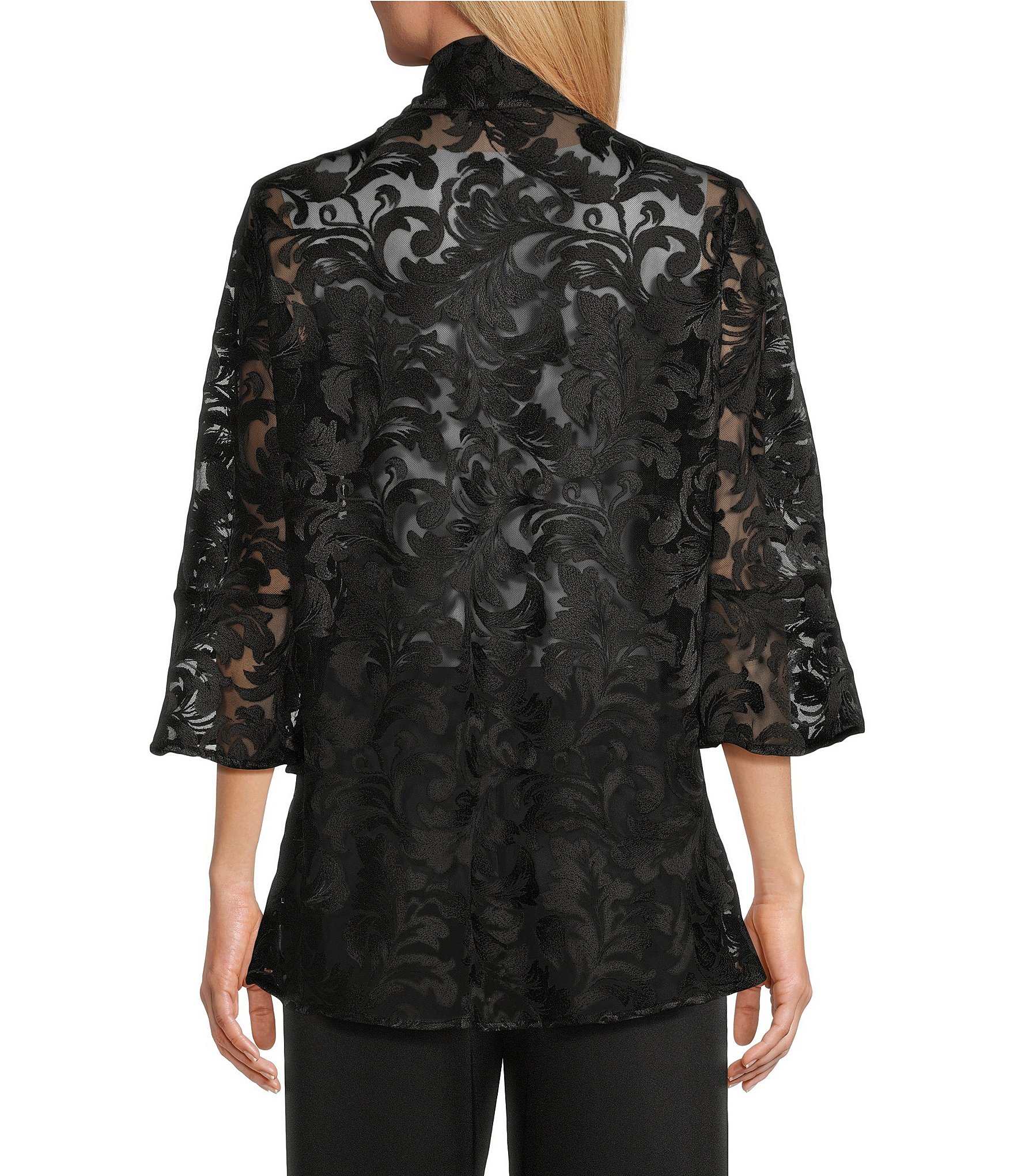 Caroline Rose Bella Soiree Embroidered Mesh Lace 3/4 Bell Sleeve Cardigan