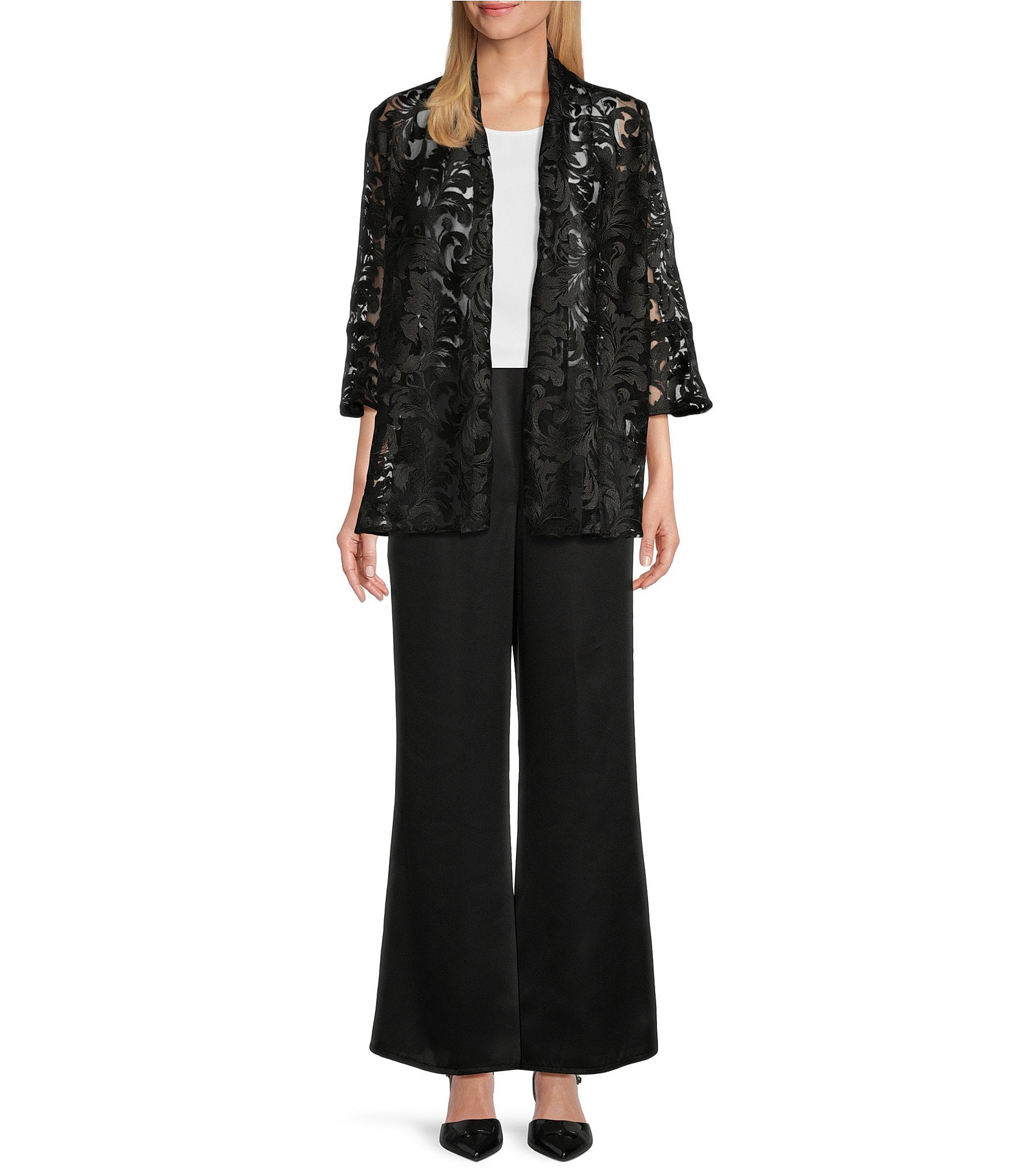 Caroline Rose Bella Soiree Embroidered Mesh Lace 3/4 Bell Sleeve Cardigan