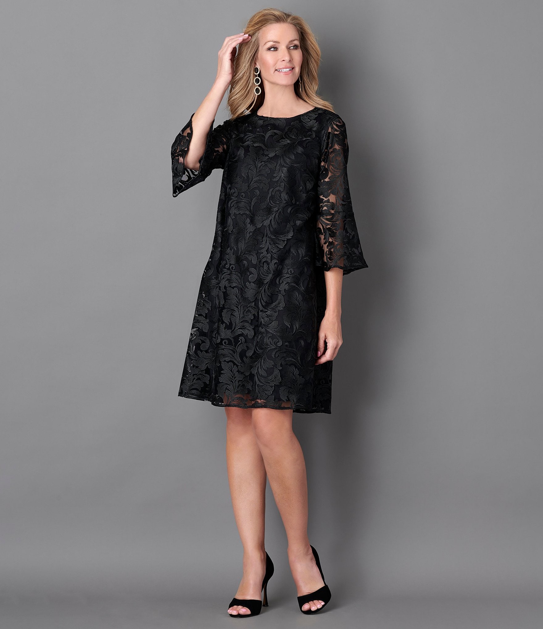 Caroline Rose Bella Soiree Embroidered Mesh Lace 3/4 Bell Sleeve Shift Dress