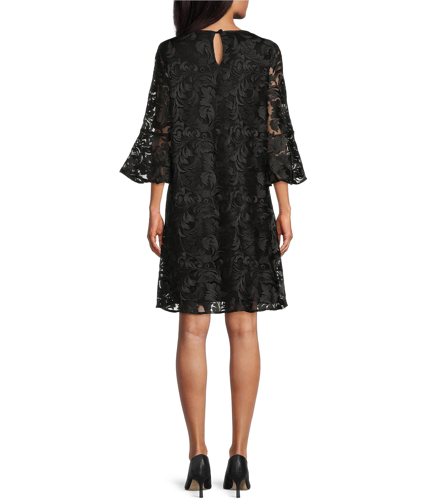 Caroline Rose Bella Soiree Embroidered Mesh Lace 3/4 Bell Sleeve Shift Dress
