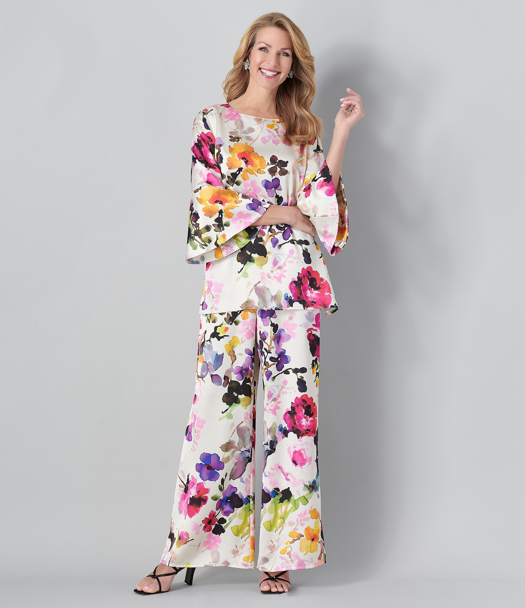 Caroline Rose Brilliant Floral Bouquet Print Satin Coordinating Wide-Leg Pull-On Pants