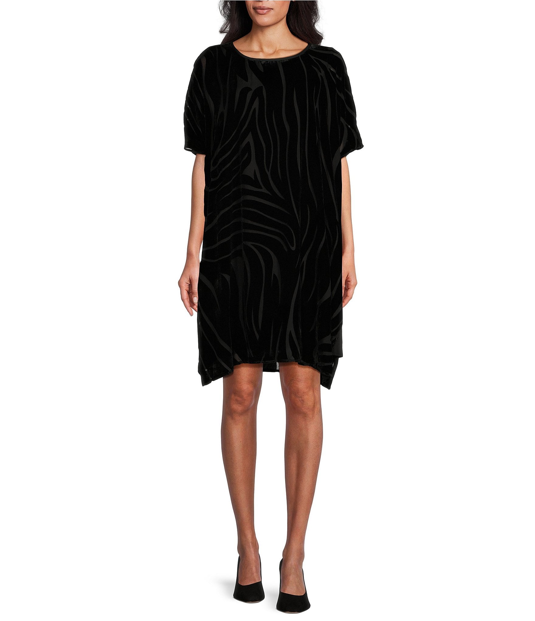 Caroline Rose Burnout Velvet Zebra Pattern Scoop Neck Short Sleeve Shift Dress