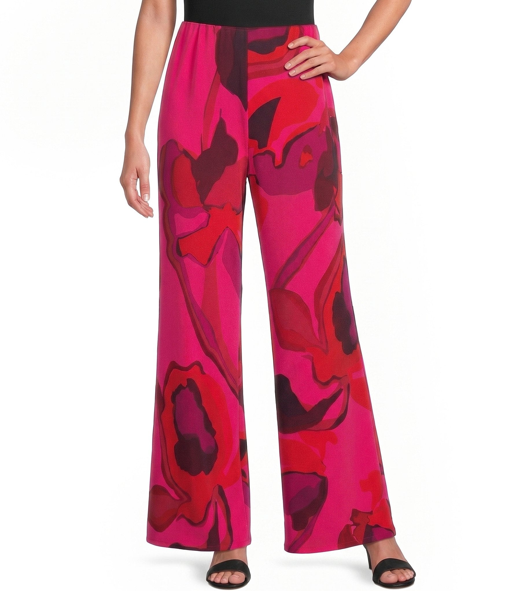 Caroline Rose Copa Abstract Floral Print Matte Crepe Pull-On Wide-Leg Pants