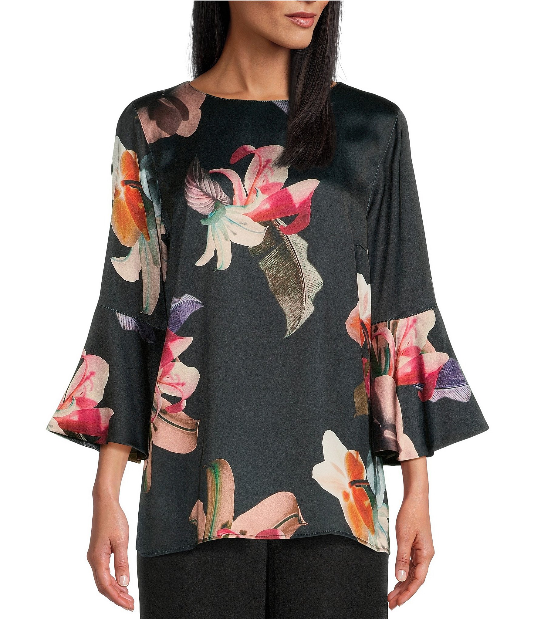 Caroline Rose Exotic Floral Print Scoop Neck 3/4 Bell Sleeve Tunic ...