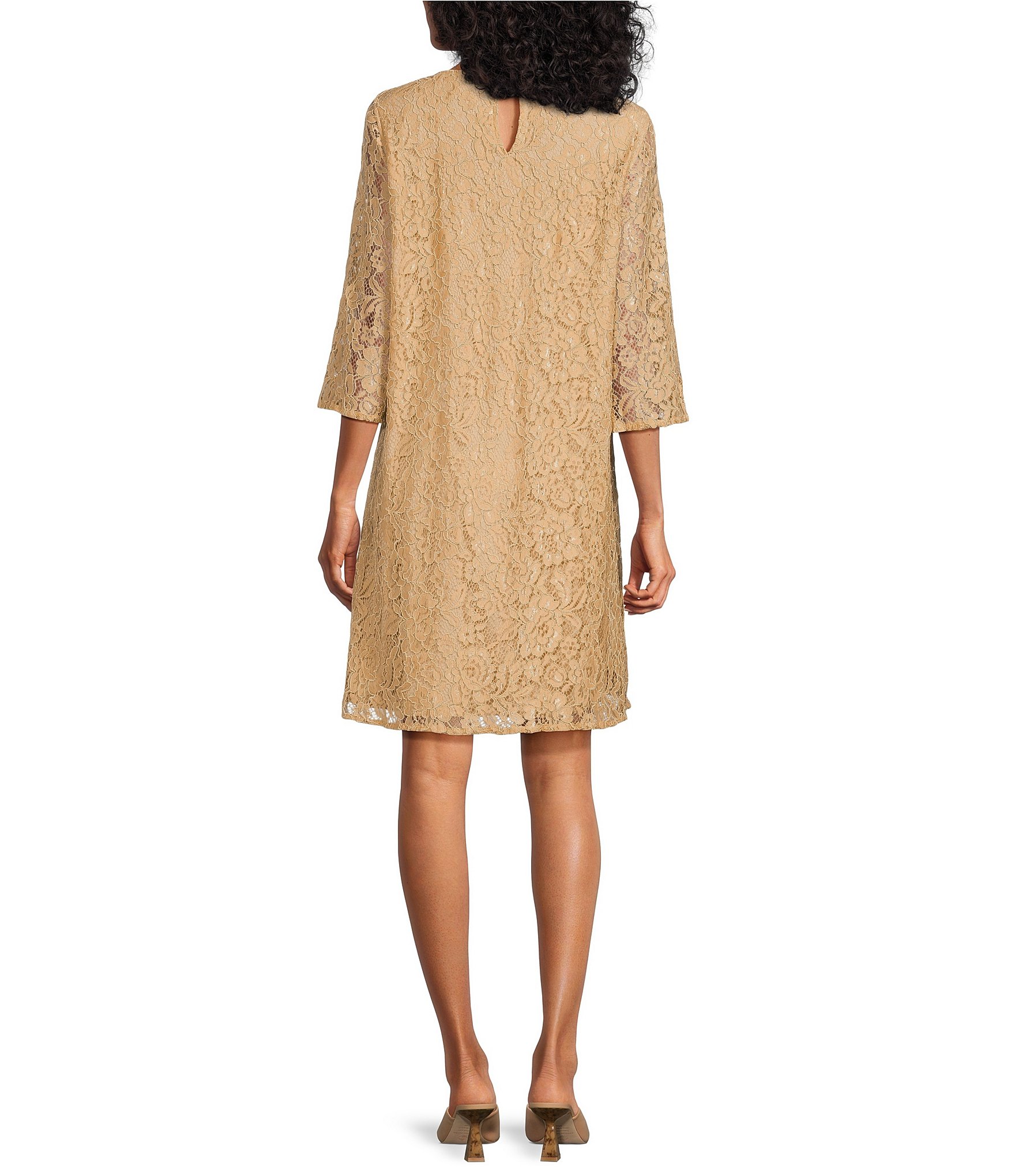 Caroline Rose Lace Round Neck 3/4 Sleeve Shift Dress