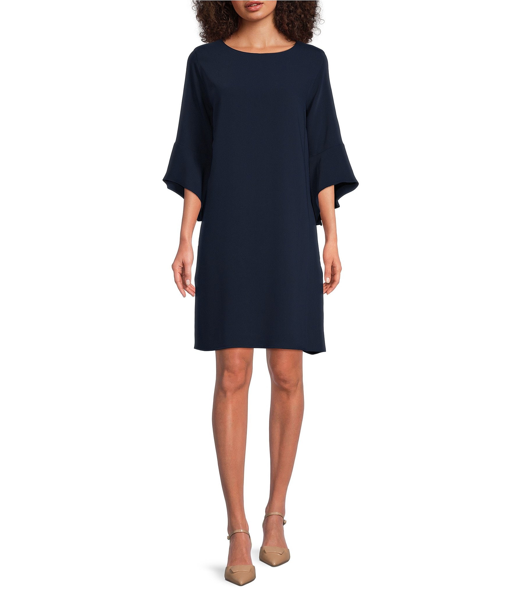 Caroline Rose Julia Matte Crepe 3/4 Ruffle Sleeve Shift Round Neck Shift Dress