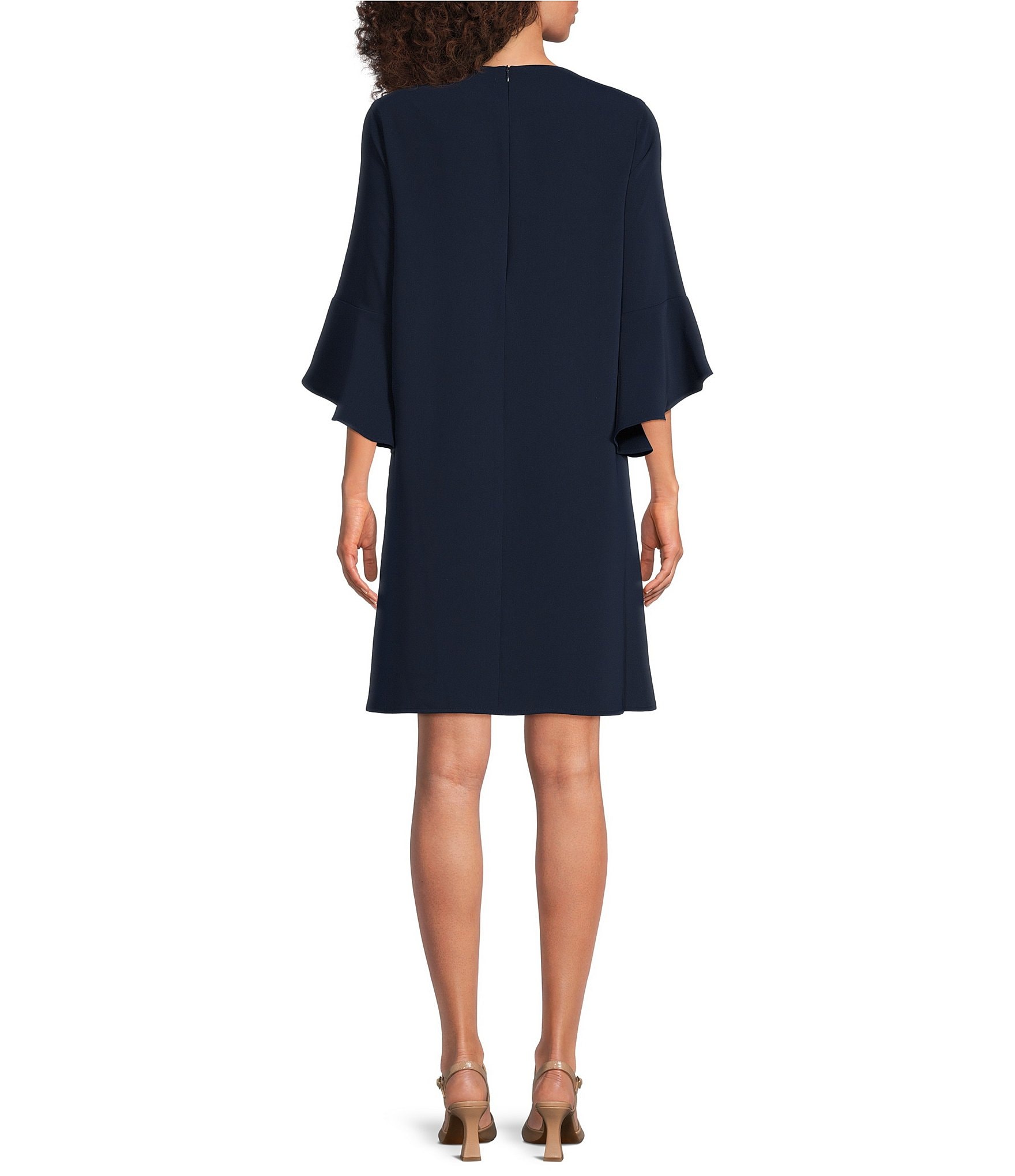 Caroline Rose Julia Matte Crepe 3/4 Ruffle Sleeve Shift Round Neck Shift Dress