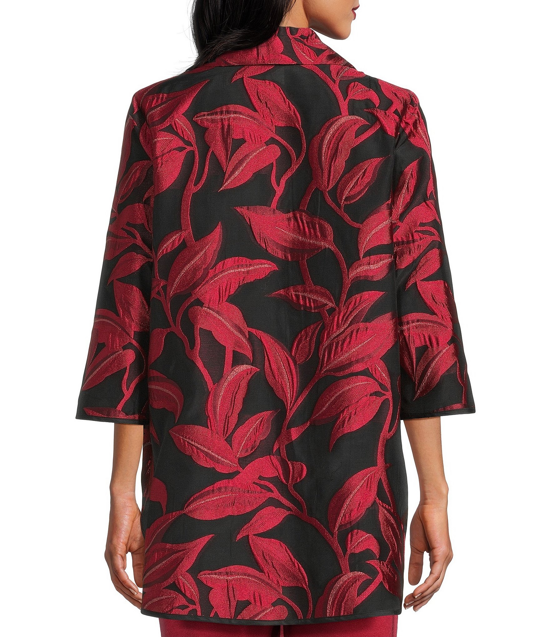 Caroline Rose Luxe Leaf Pattern Devore Ruched Collar 3/4 Sleeve Open-Front Statement Jacket