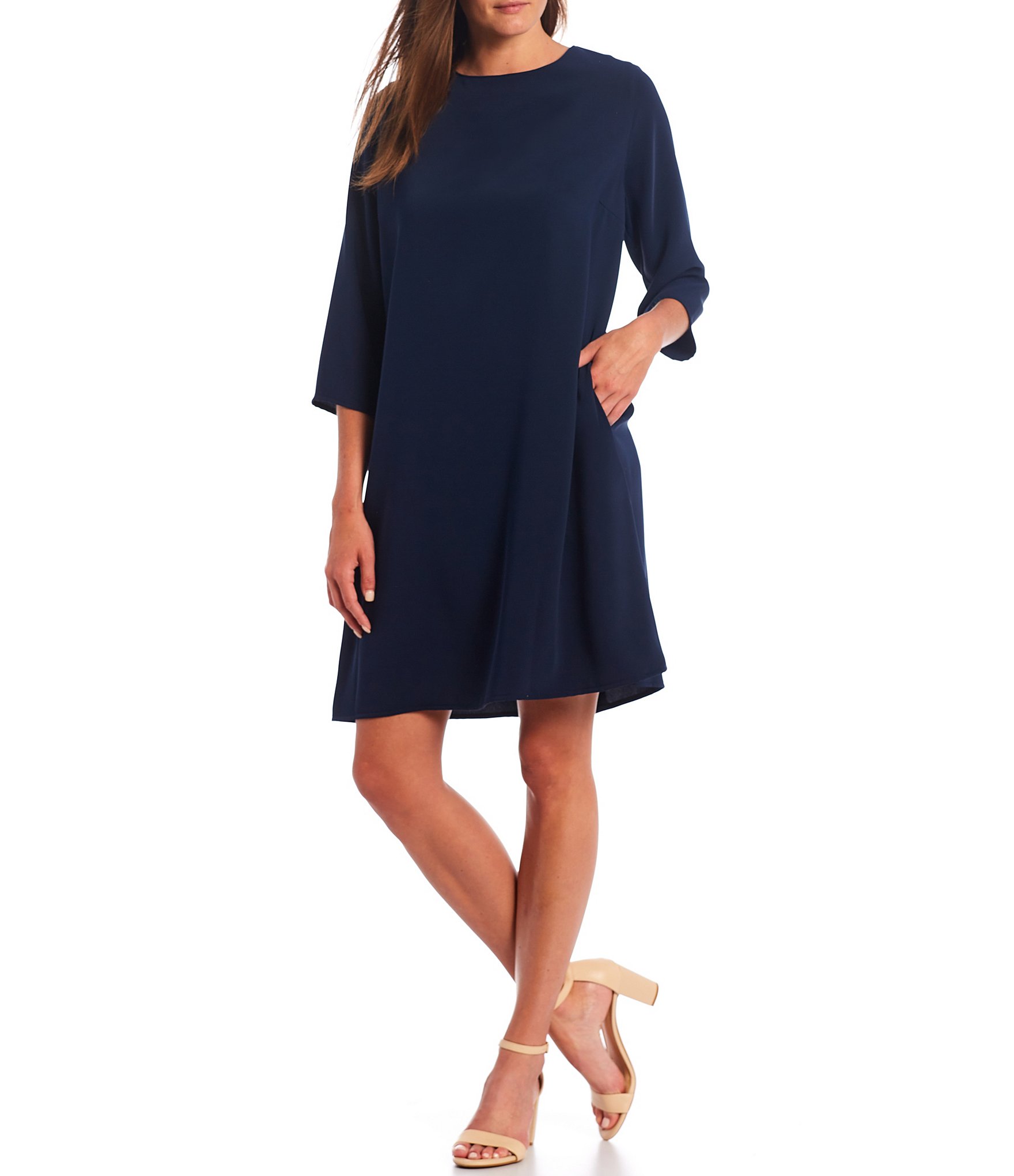 Caroline Rose Matte Crepe Crew Neck 3/4 Sleeve Waistless Dress | Dillard's