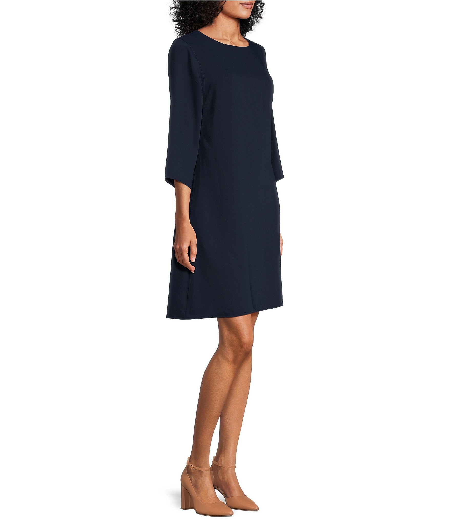 Caroline Rose Matte Crepe Crew Neck 3/4 Sleeve Pocketed Shift Dress