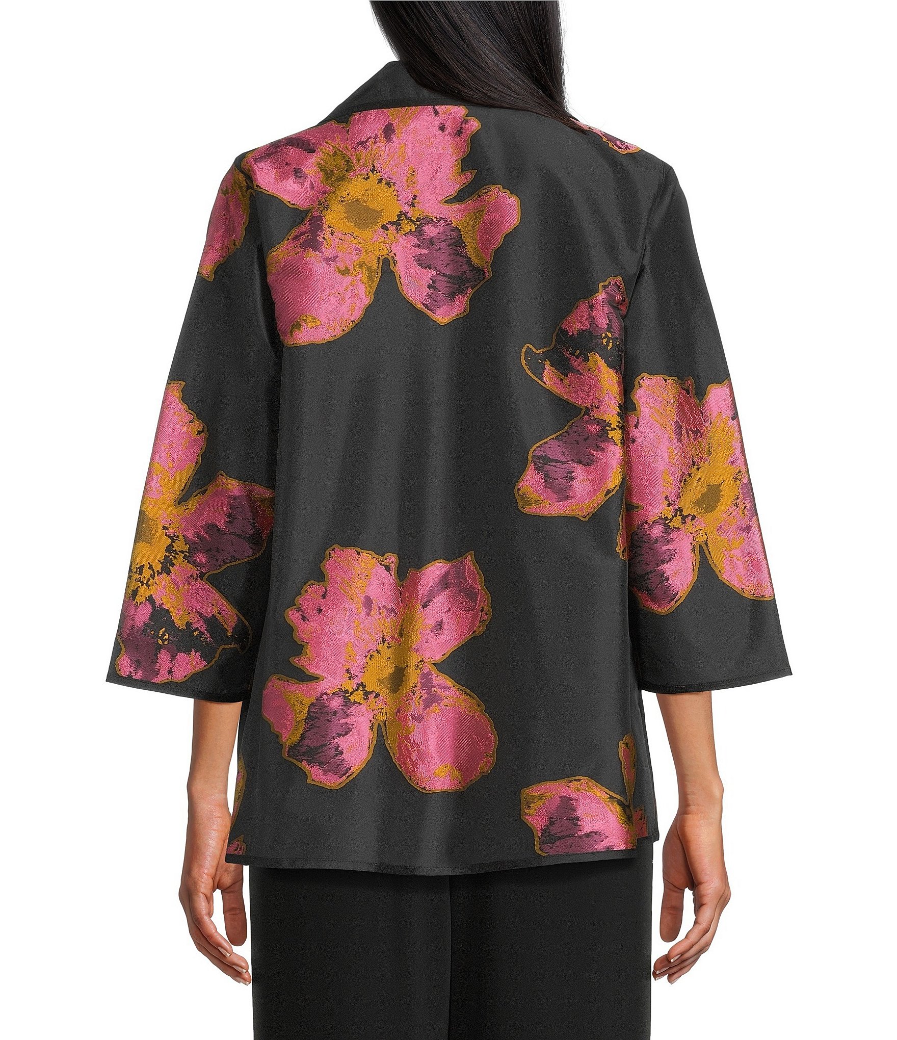 Caroline Rose Pink Petal Print Devore Spread Collar Bracelet Sleeve Open-Front Statement Jacket