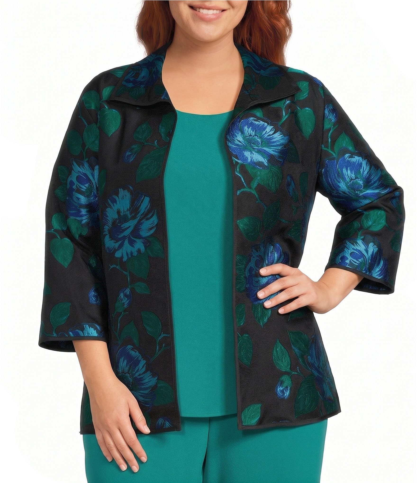 Caroline Rose Plus Blue Rose Print Devore Point Collar Bracelet Sleeve Open-Front Statement Jacket