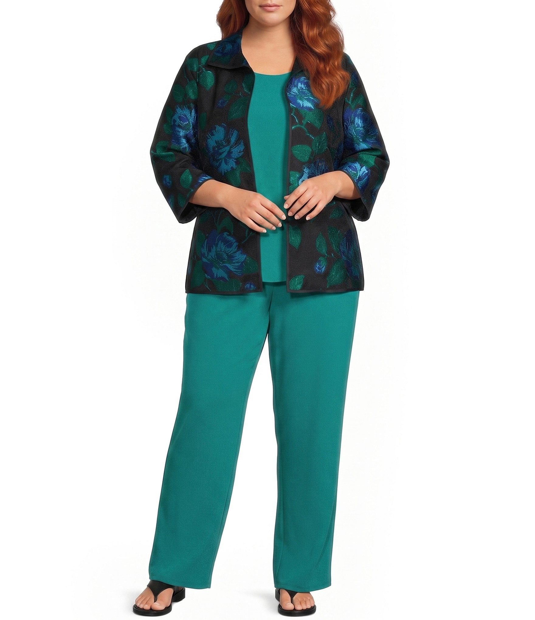 Caroline Rose Plus Blue Rose Print Devore Point Collar Bracelet Sleeve Open-Front Statement Jacket